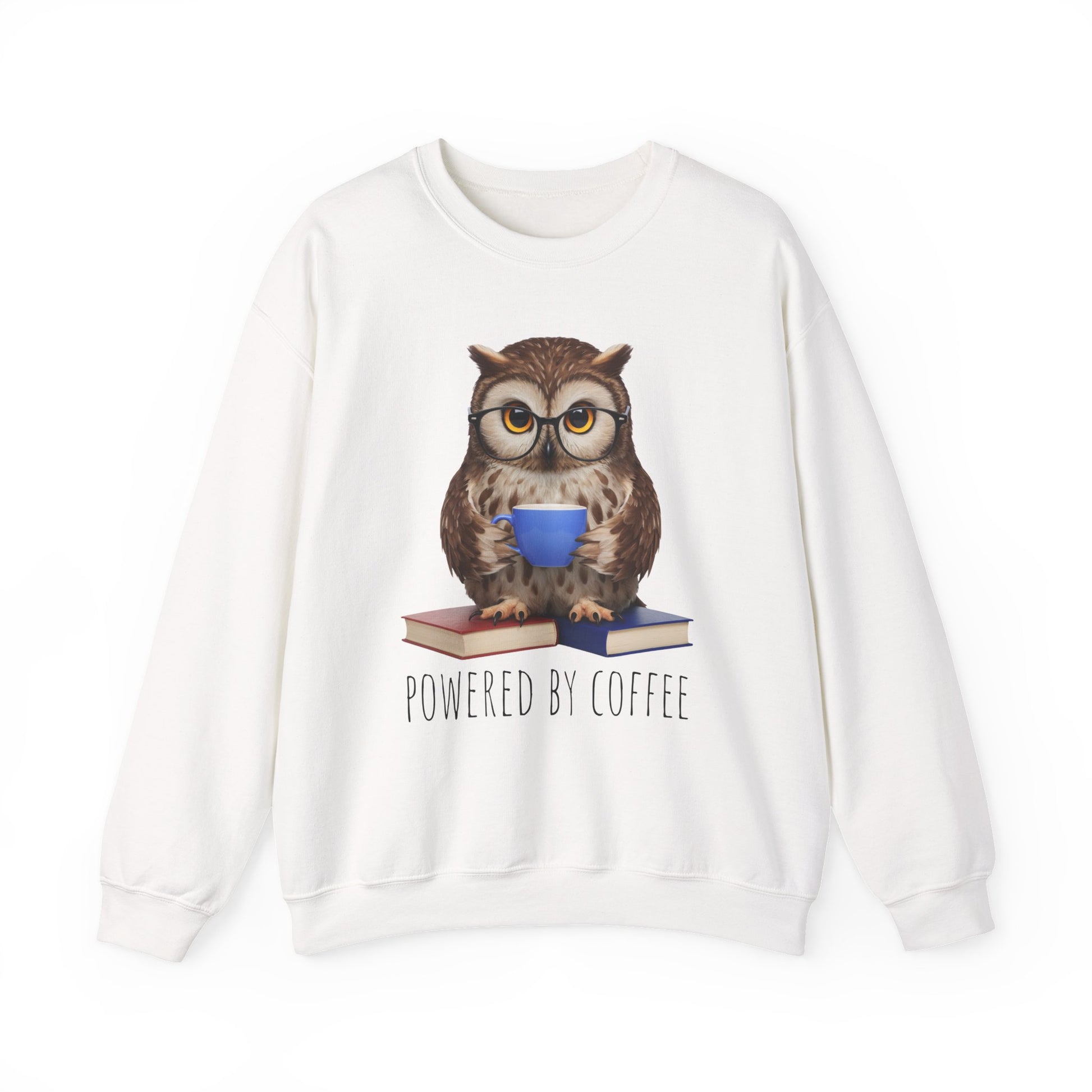 White sweatshirt with an owl graphic and 'Powered by Coffee' text on a white background