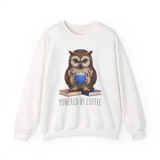 White sweatshirt with an owl graphic and 'Powered by Coffee' text on a white background