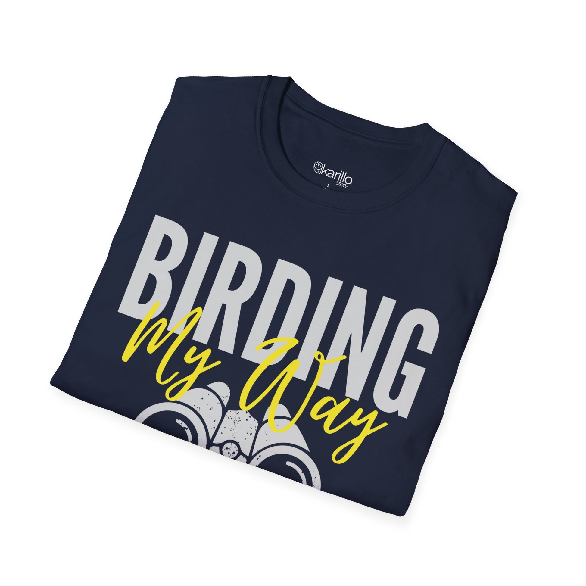 Folded navy blue t-shirt displaying 'Birding My Way' design with vintage binoculars graphic — birdwatching gift tee