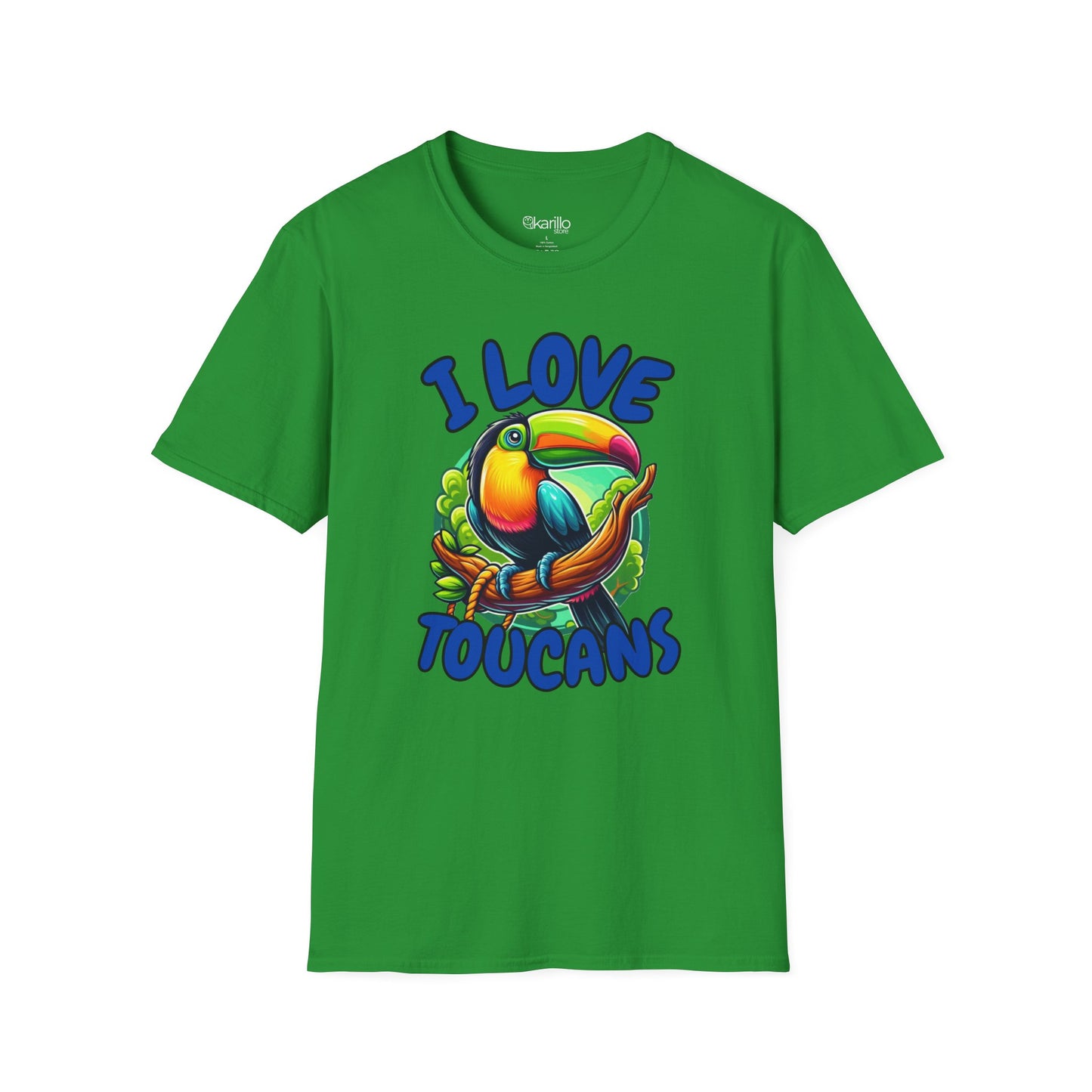 Front view green t-shirt with a colorful toucan graphic and 'I Love Toucans' text on a white background