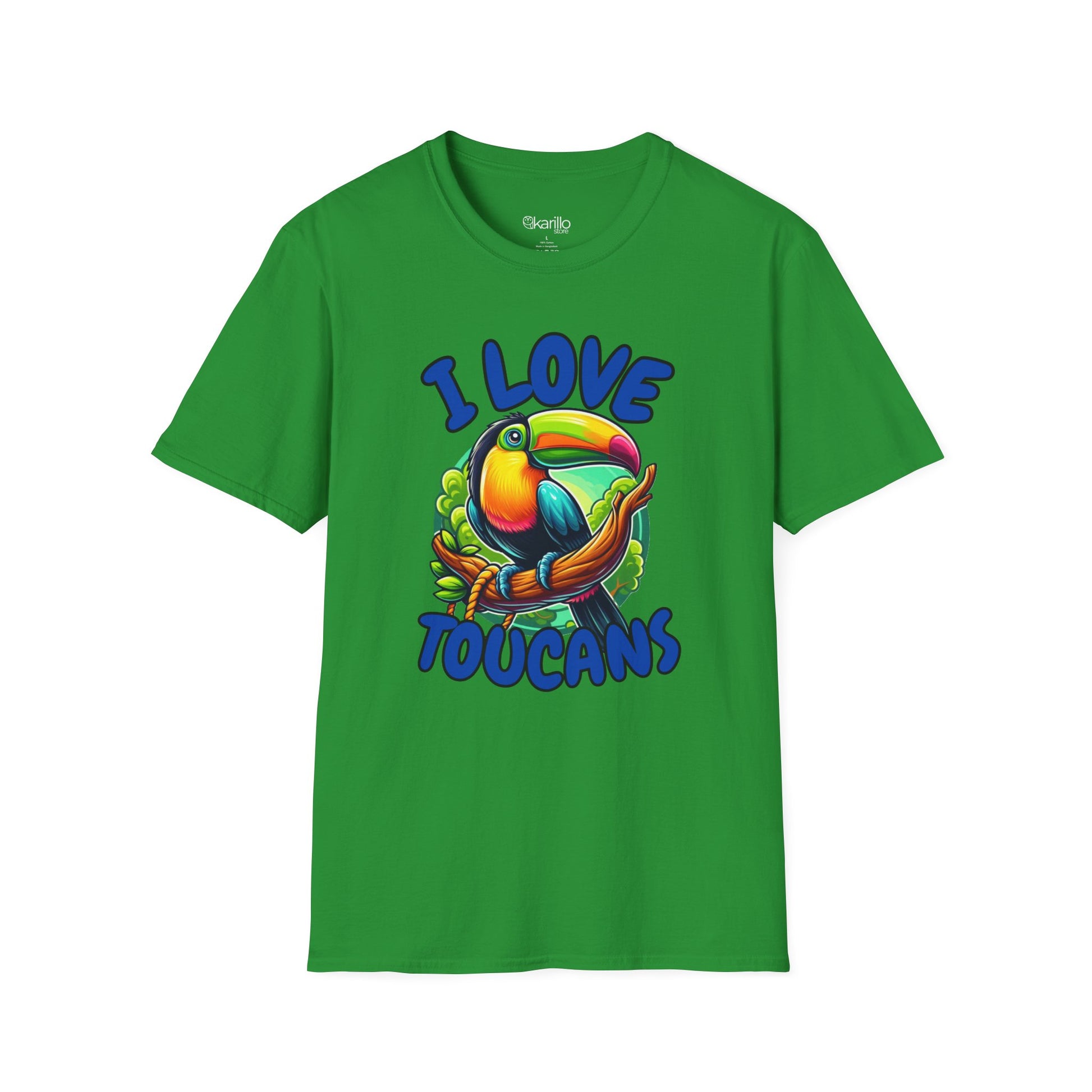 Front view green t-shirt with a colorful toucan graphic and 'I Love Toucans' text on a white background