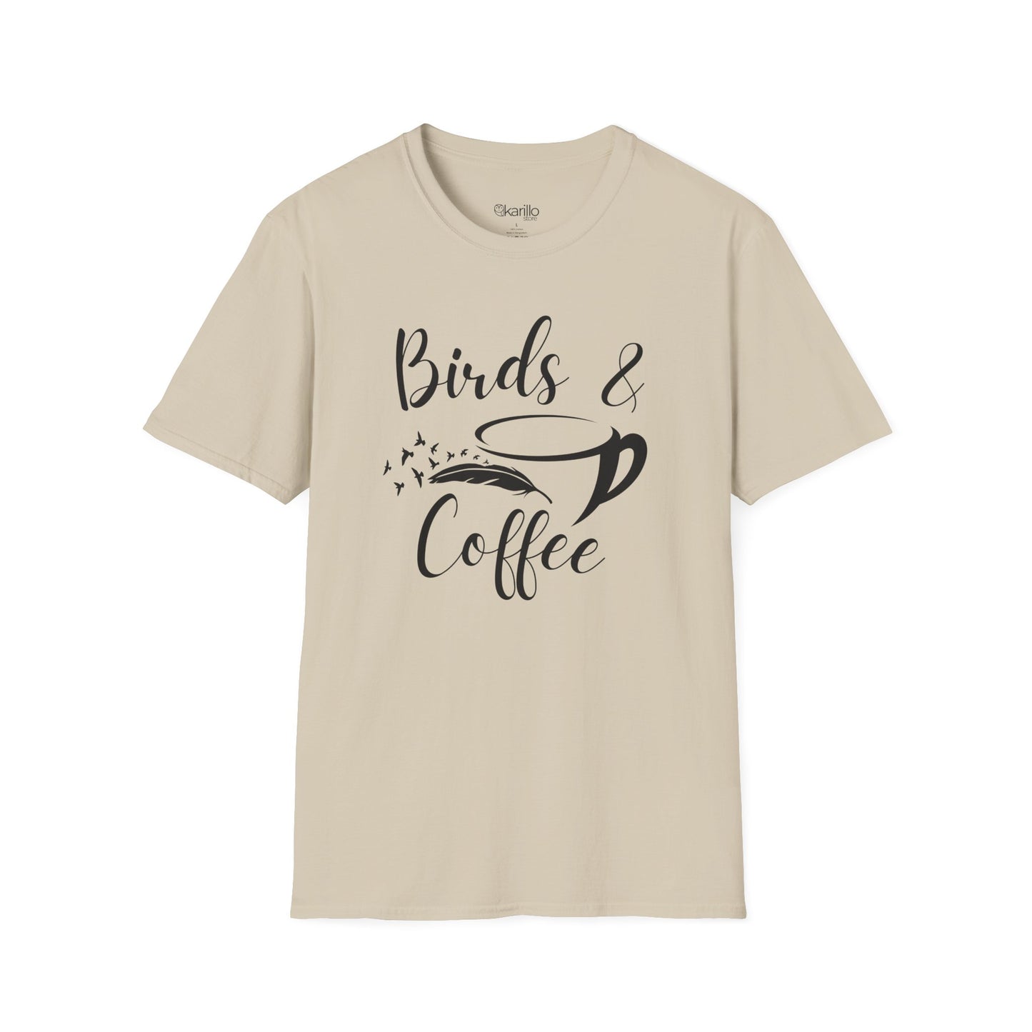 Beige t-shirt with 'Birds & Coffee' text design on a white background