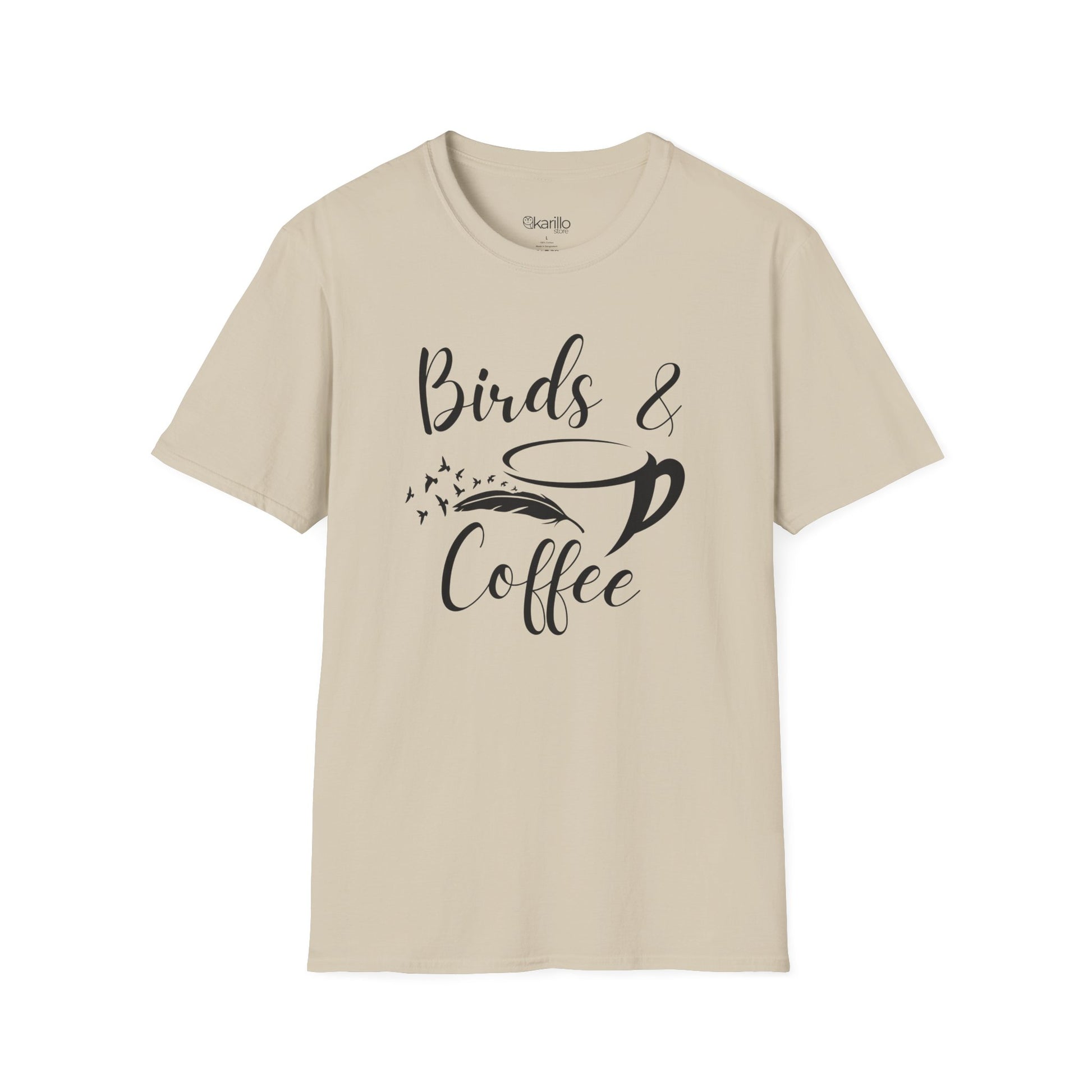 Beige t-shirt with 'Birds & Coffee' text design on a white background