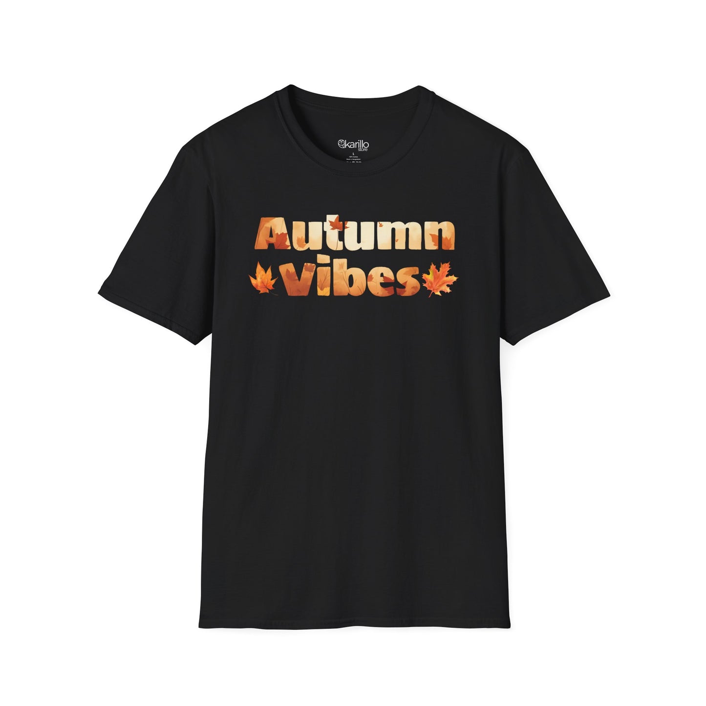 Black t-shirt with 'Autumn Vibes' text and leaf designs on a white background