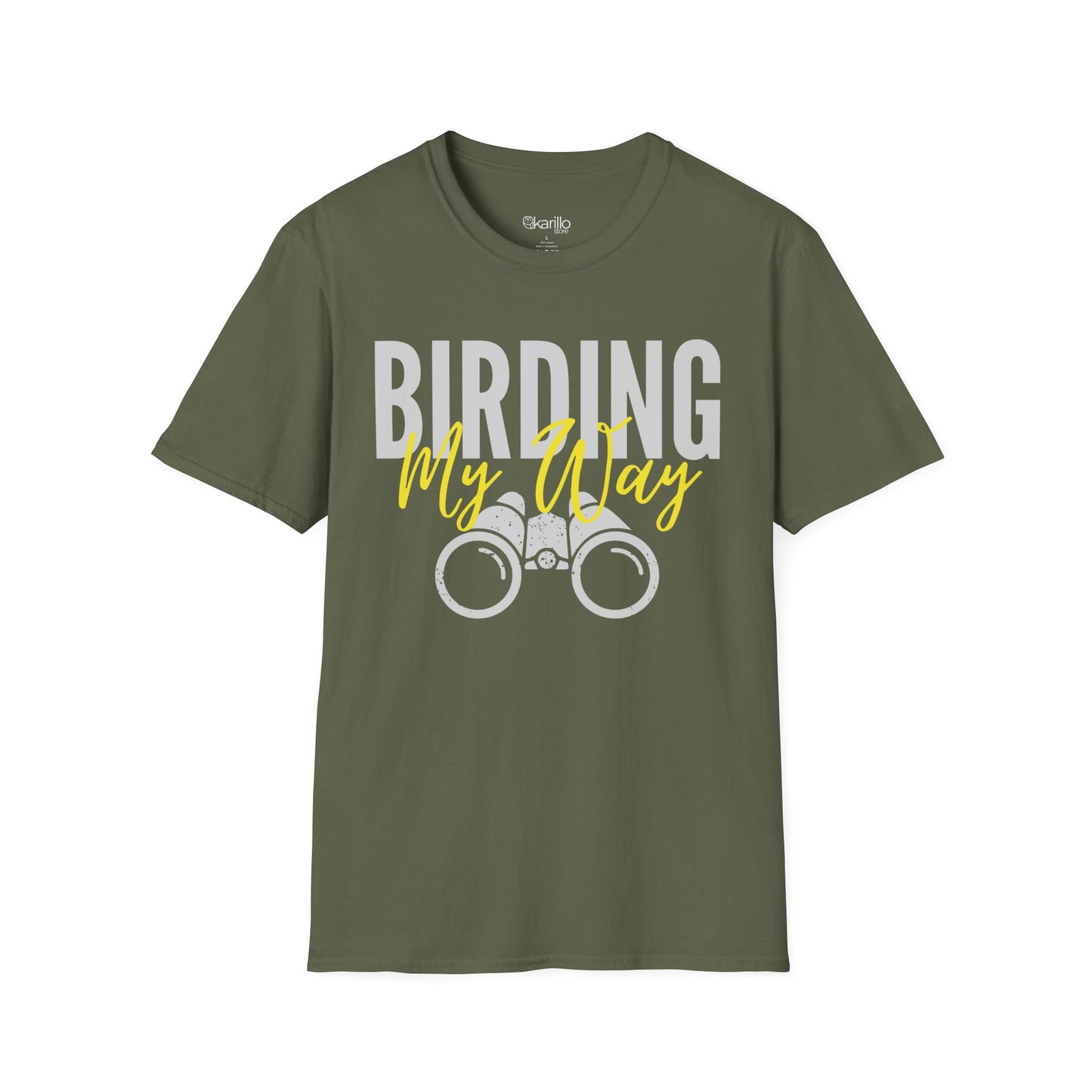 Military Green unisex t-shirt featuring 'Birding My Way' text with a vintage binoculars graphic — perfect gift for birdwatching enthusiasts