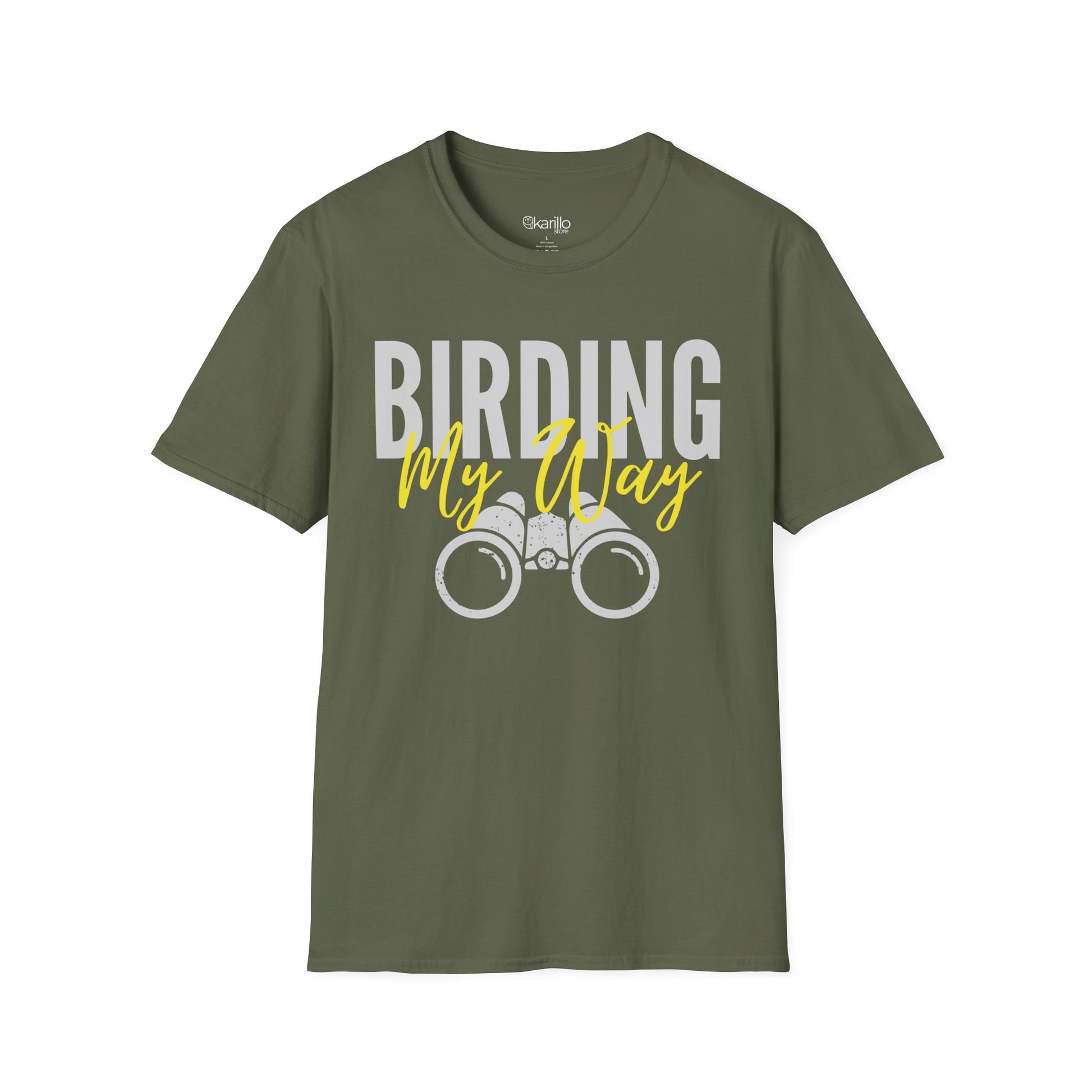 Military Green unisex t-shirt featuring 'Birding My Way' text with a vintage binoculars graphic — perfect gift for birdwatching enthusiasts