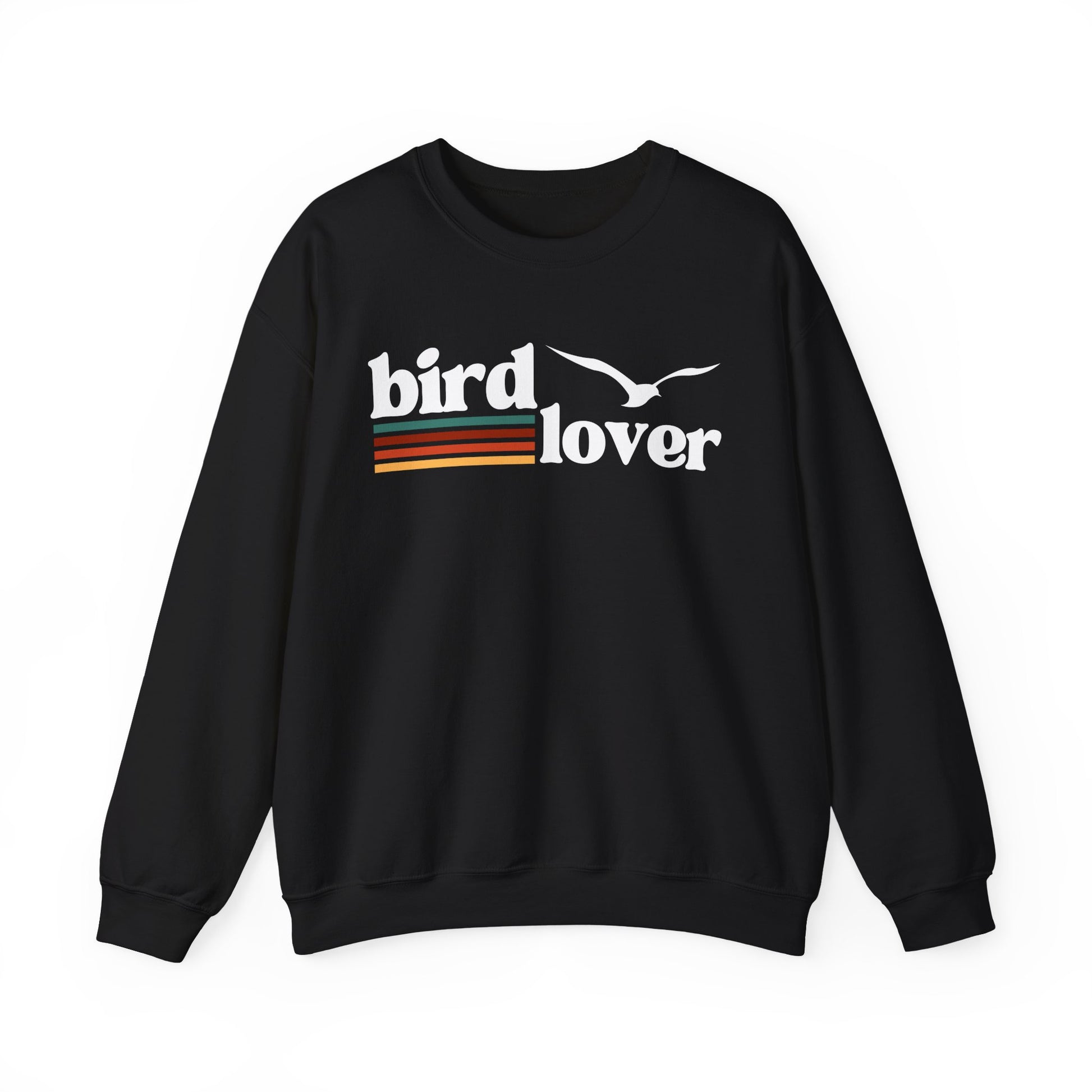 Black sweatshirt with 'bird lover' text and bird graphic, colored lines, on a white background