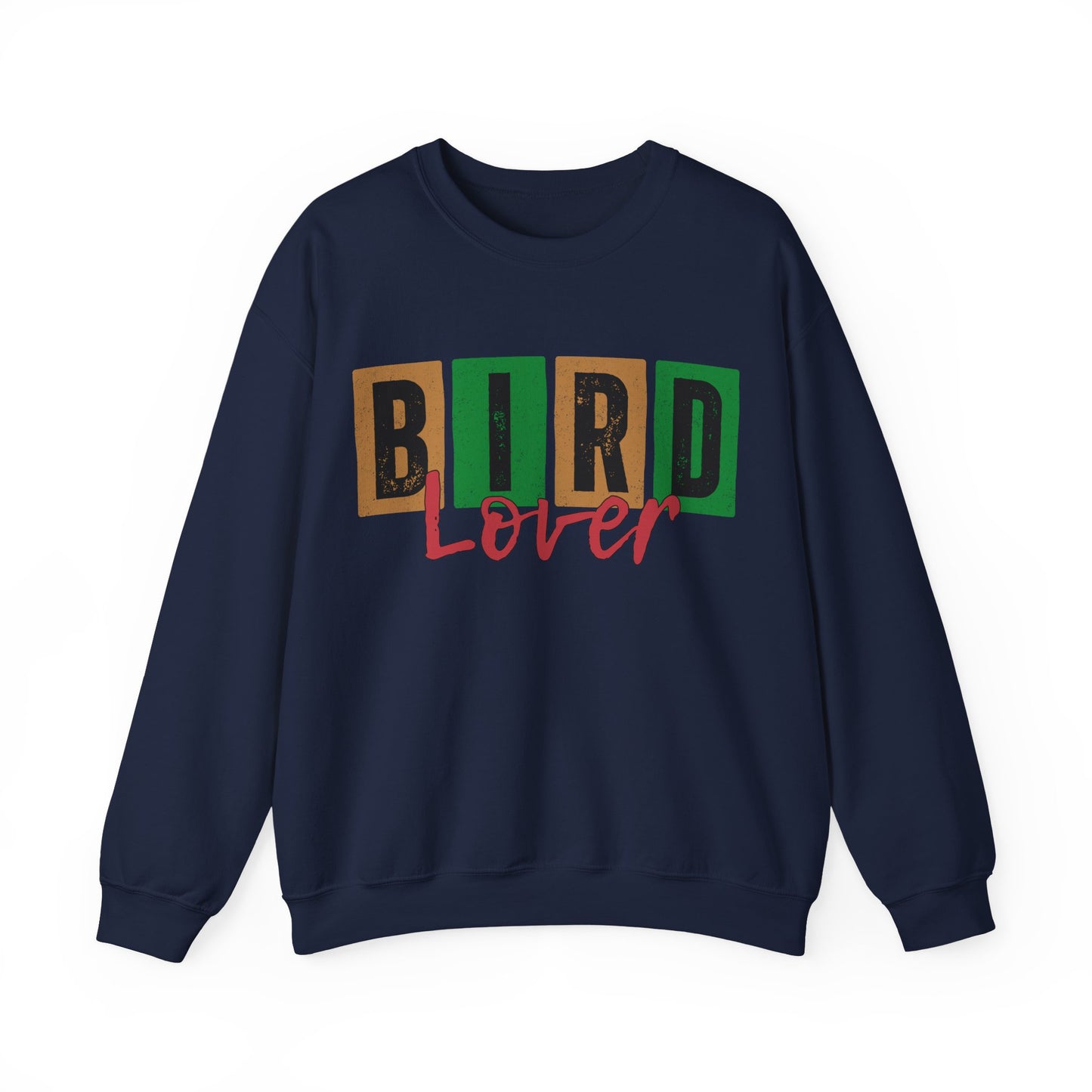 Navy blue sweatshirt with 'BIRD Lover' text in multicolor on a white background