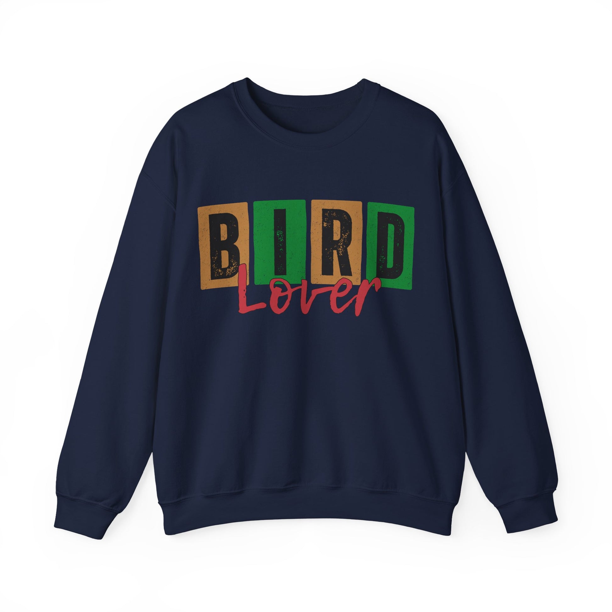 Navy blue sweatshirt with 'BIRD Lover' text in multicolor on a white background