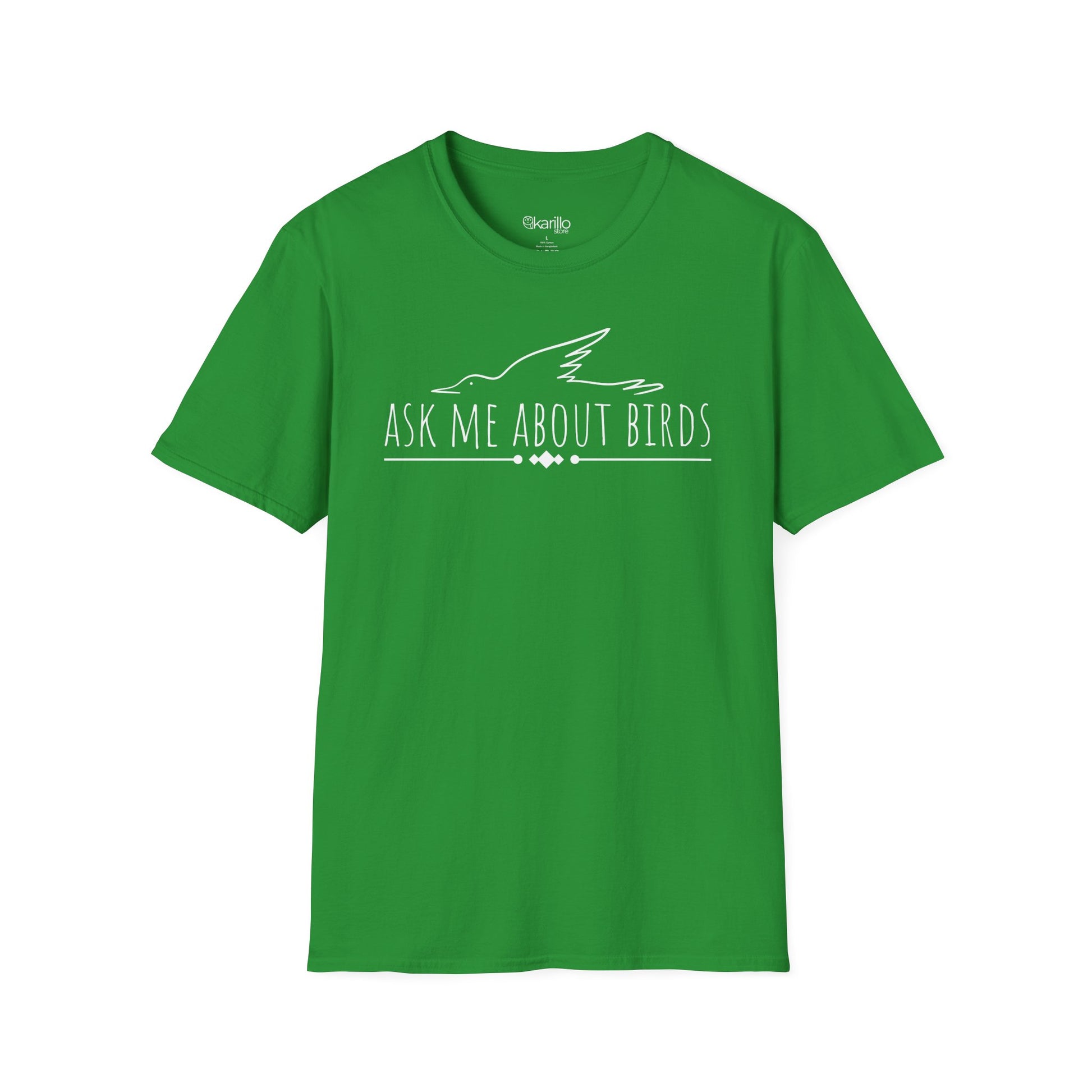 front view green t-shirt with 'Ask Me About Birds' text and bird silhouette on a white background
