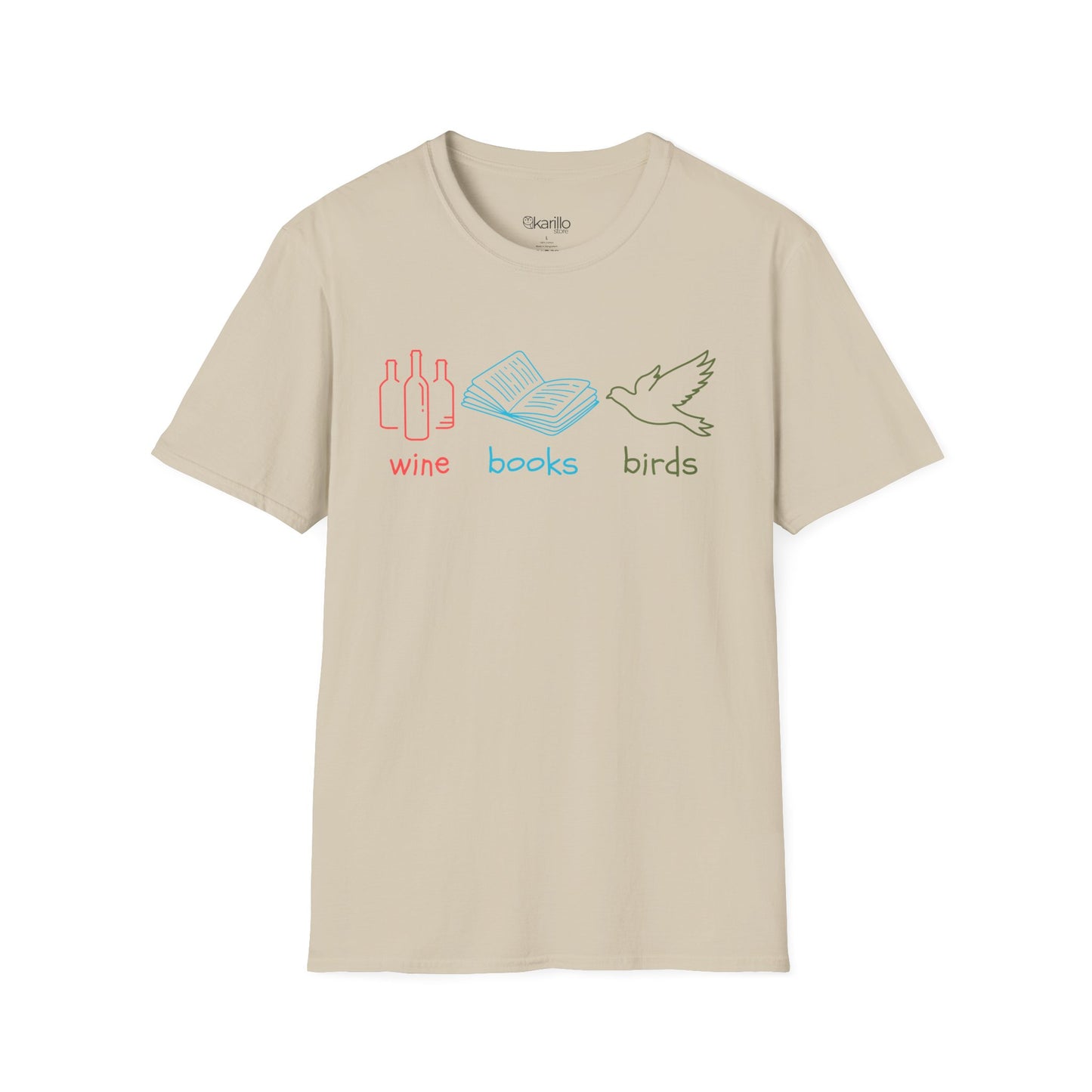 Beige t-shirt with colorful graphics and text "wine books birds"on a white background