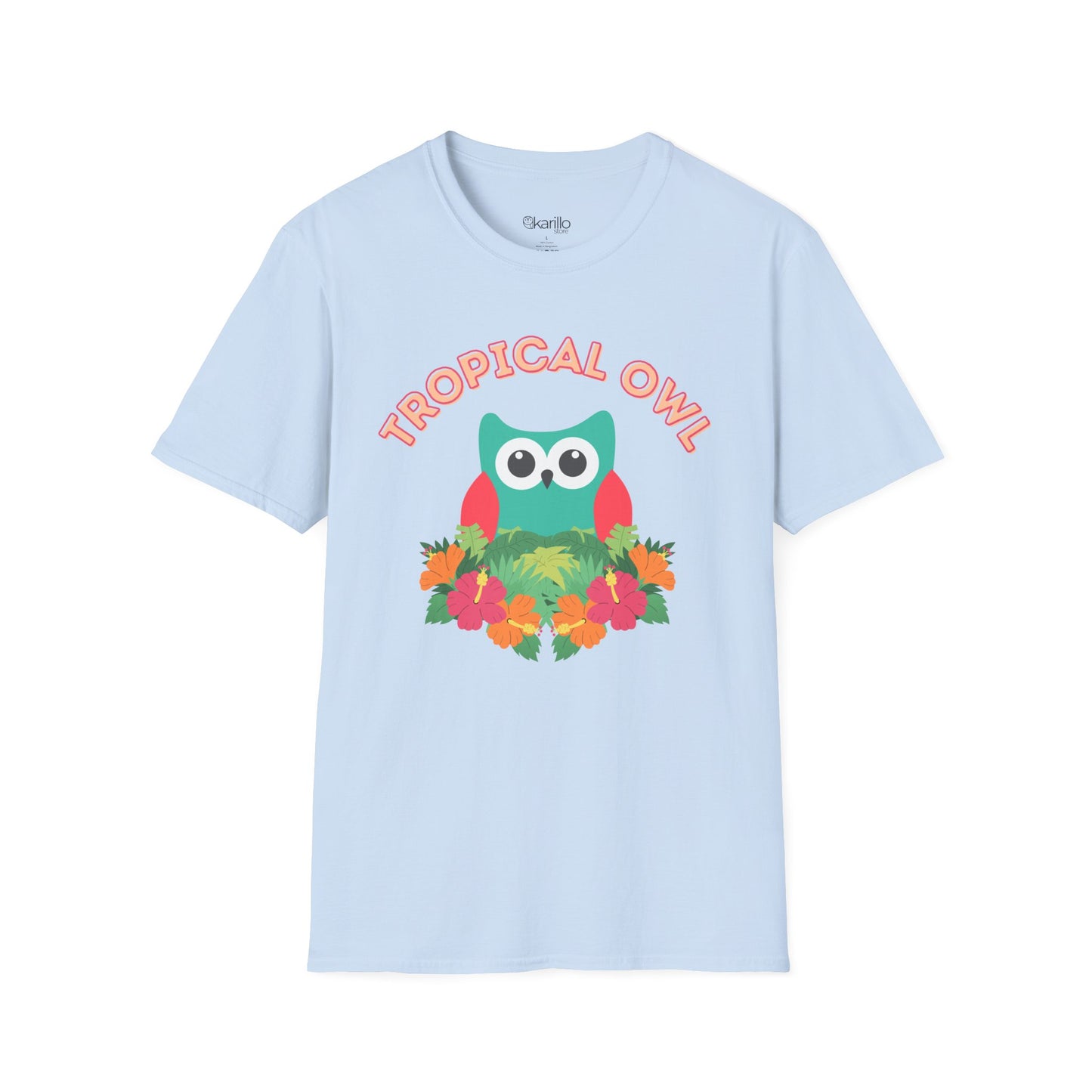 Light blue t-shirt with a tropical owl design on a white background