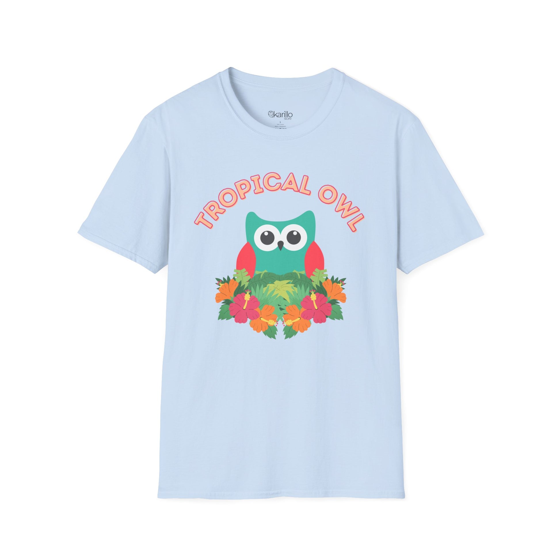 Light blue t-shirt with a tropical owl design on a white background