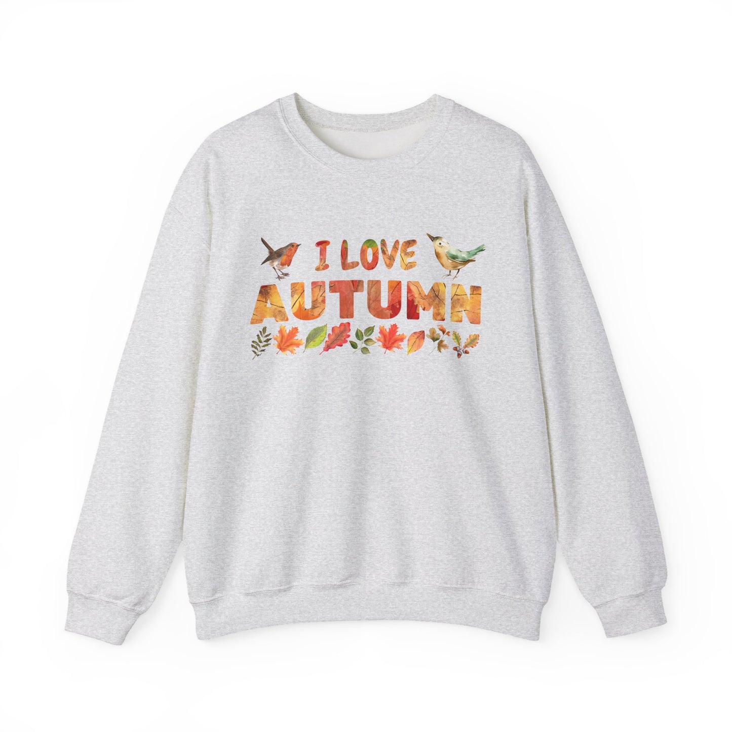 Gray sweatshirt with 'I love autumn' text and leaf design on a white background