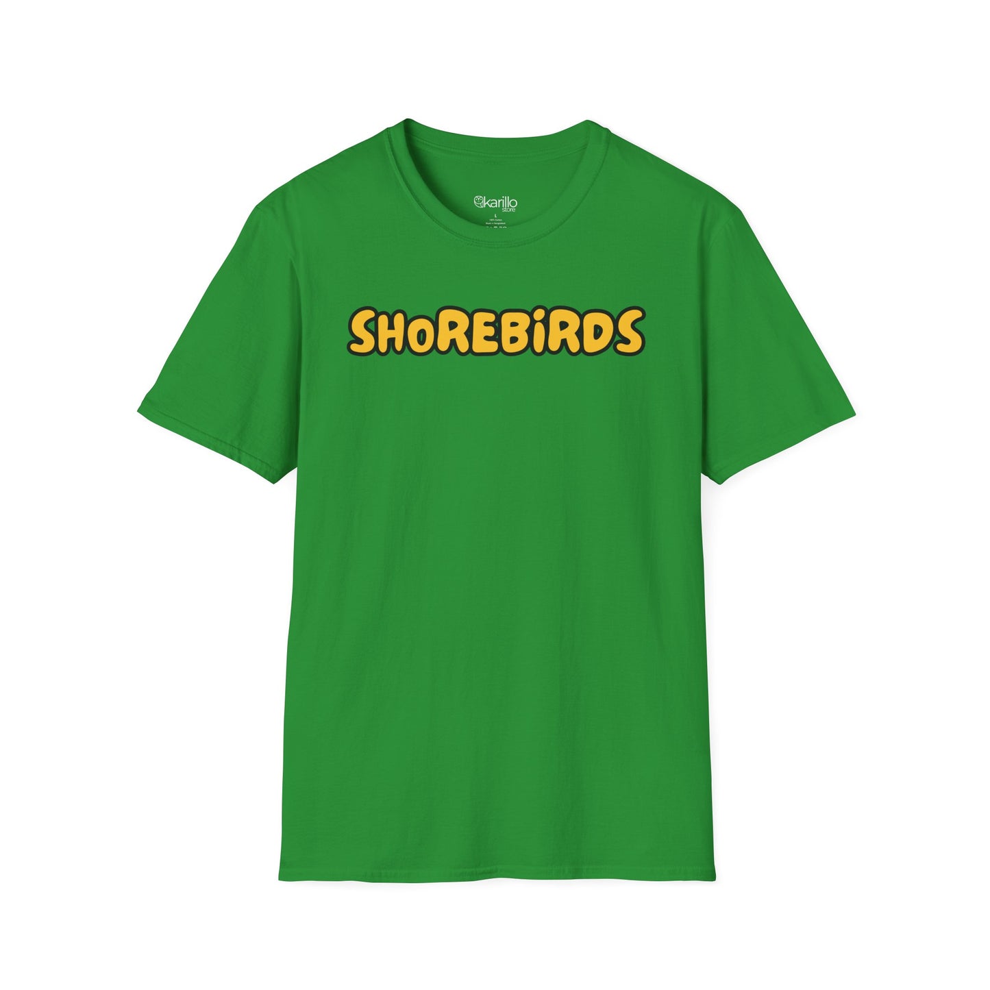 Green t-shirt with 'Shorebirds' text on a white background
