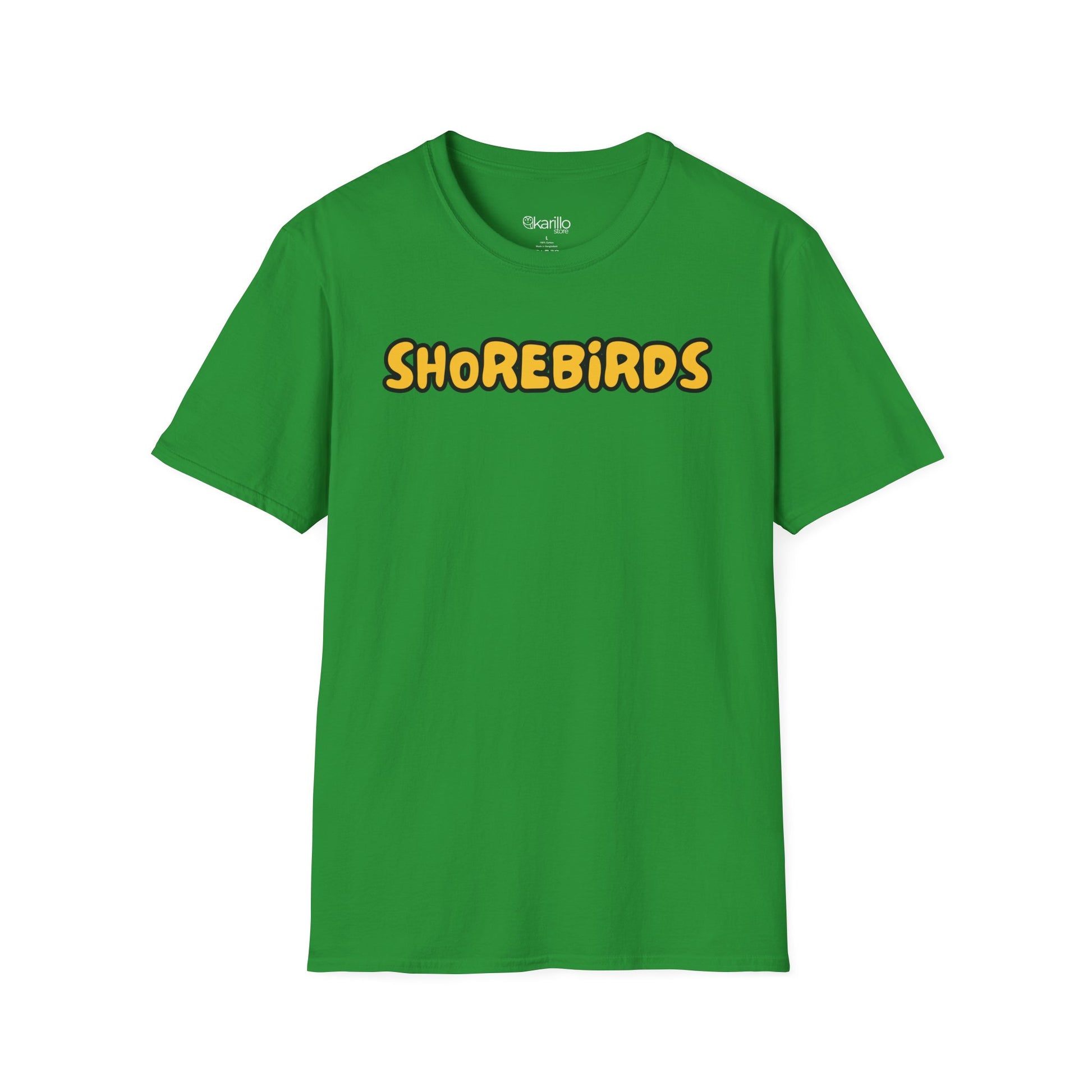Green t-shirt with 'Shorebirds' text on a white background