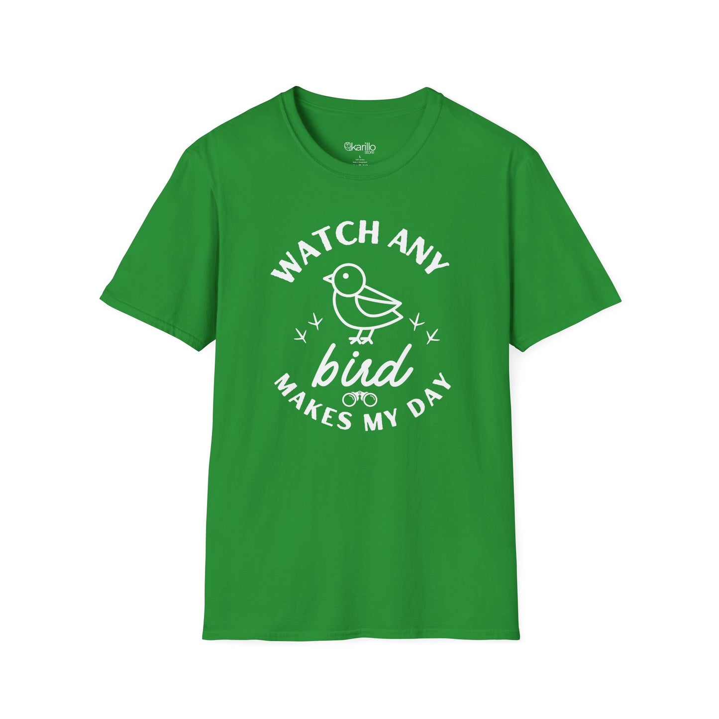 Front view green t-shirt with "watch any bird" text and bird graphic on a white background