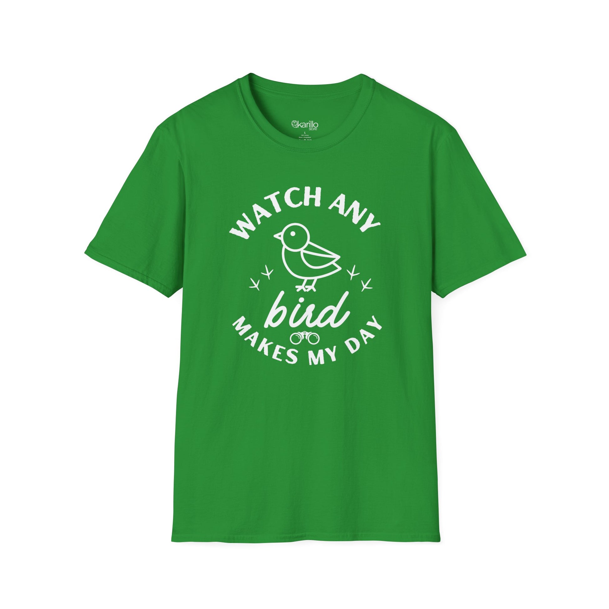 Front view green t-shirt with "watch any bird" text and bird graphic on a white background