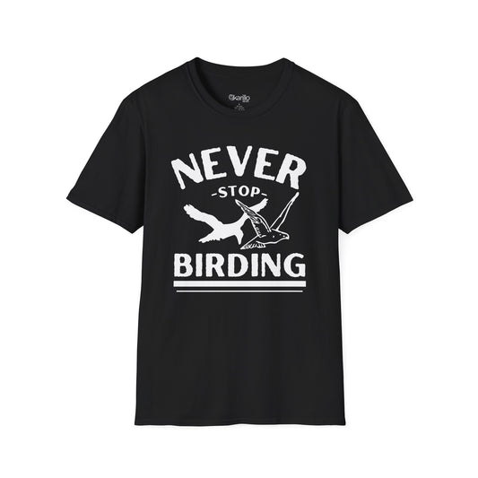 front view of Black t-shirt with 'Never Stop Birding' text and bird graphics on a white background