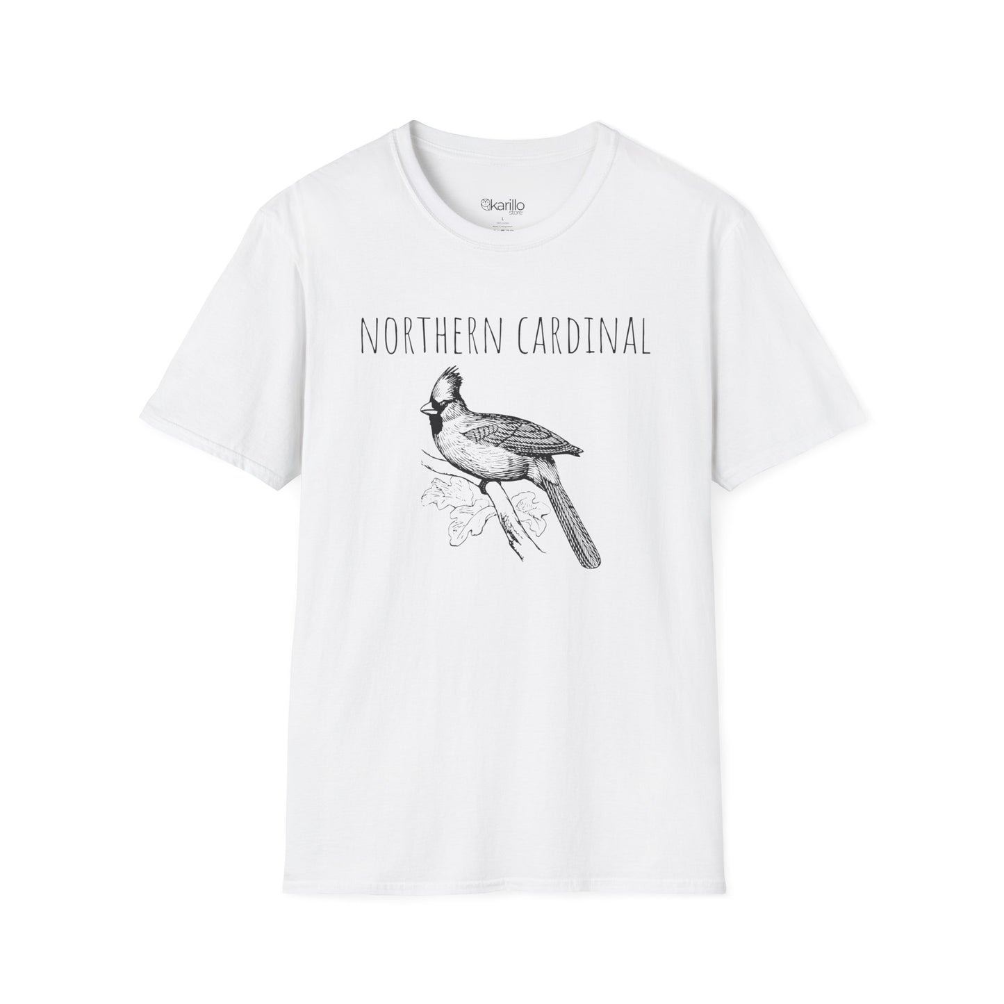 White t-shirt with a black bird illustration and 'Northern Cardinal' text on a white background