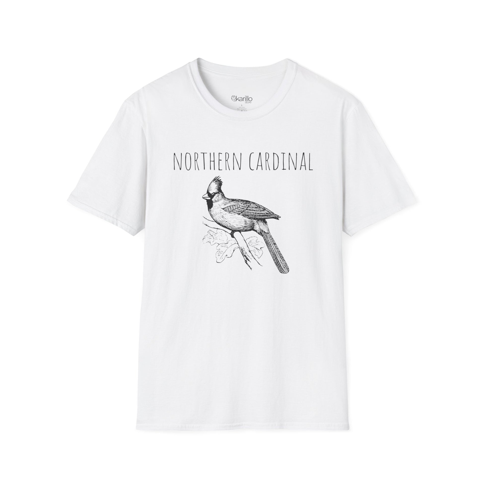 White t-shirt with a black bird illustration and 'Northern Cardinal' text on a white background