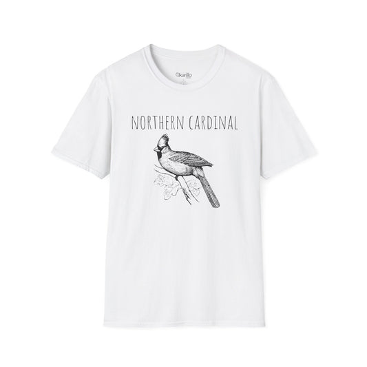 White t-shirt with a black bird illustration and 'Northern Cardinal' text on a white background