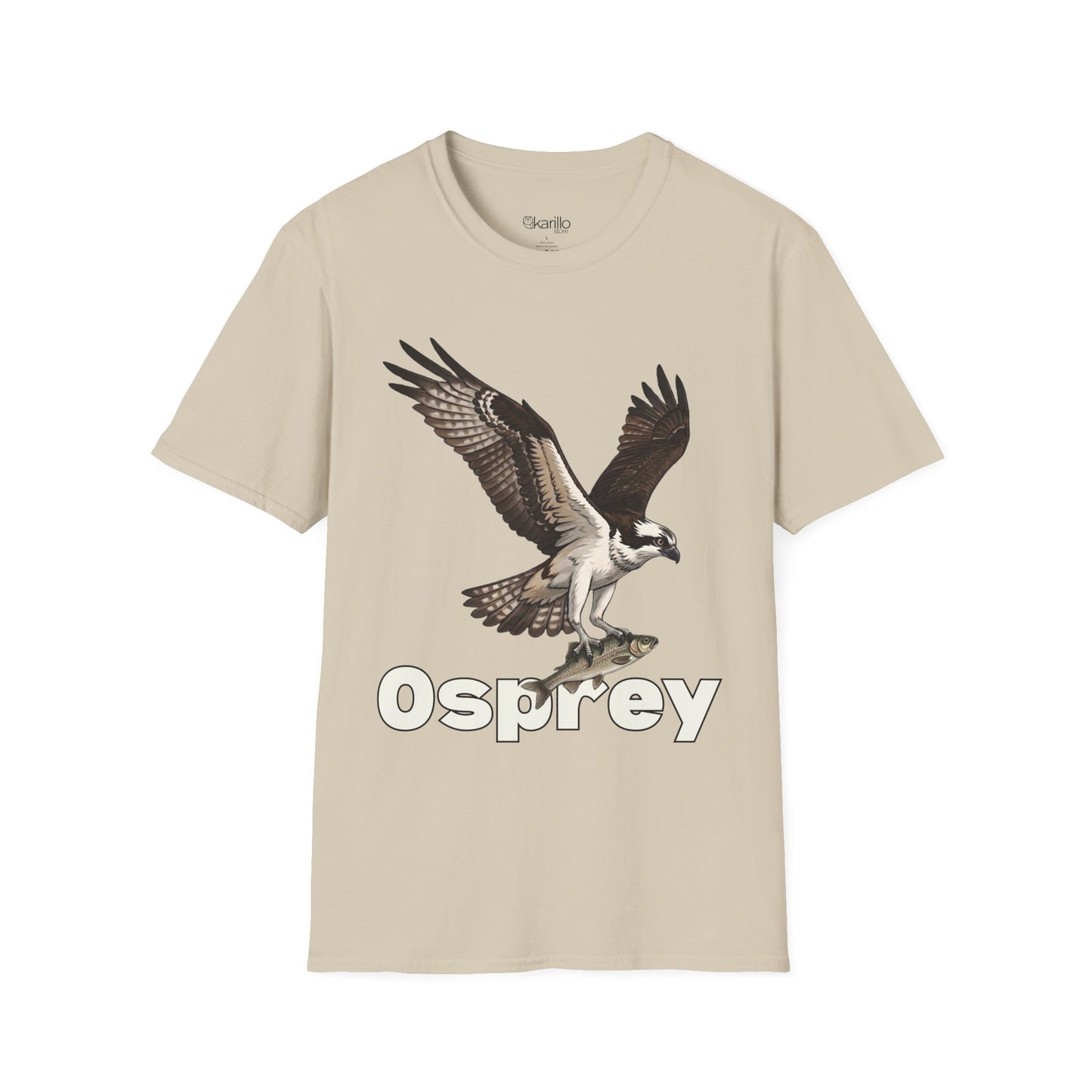 Sand color t-shirt with an osprey graphic and 'Osprey' text on a white background