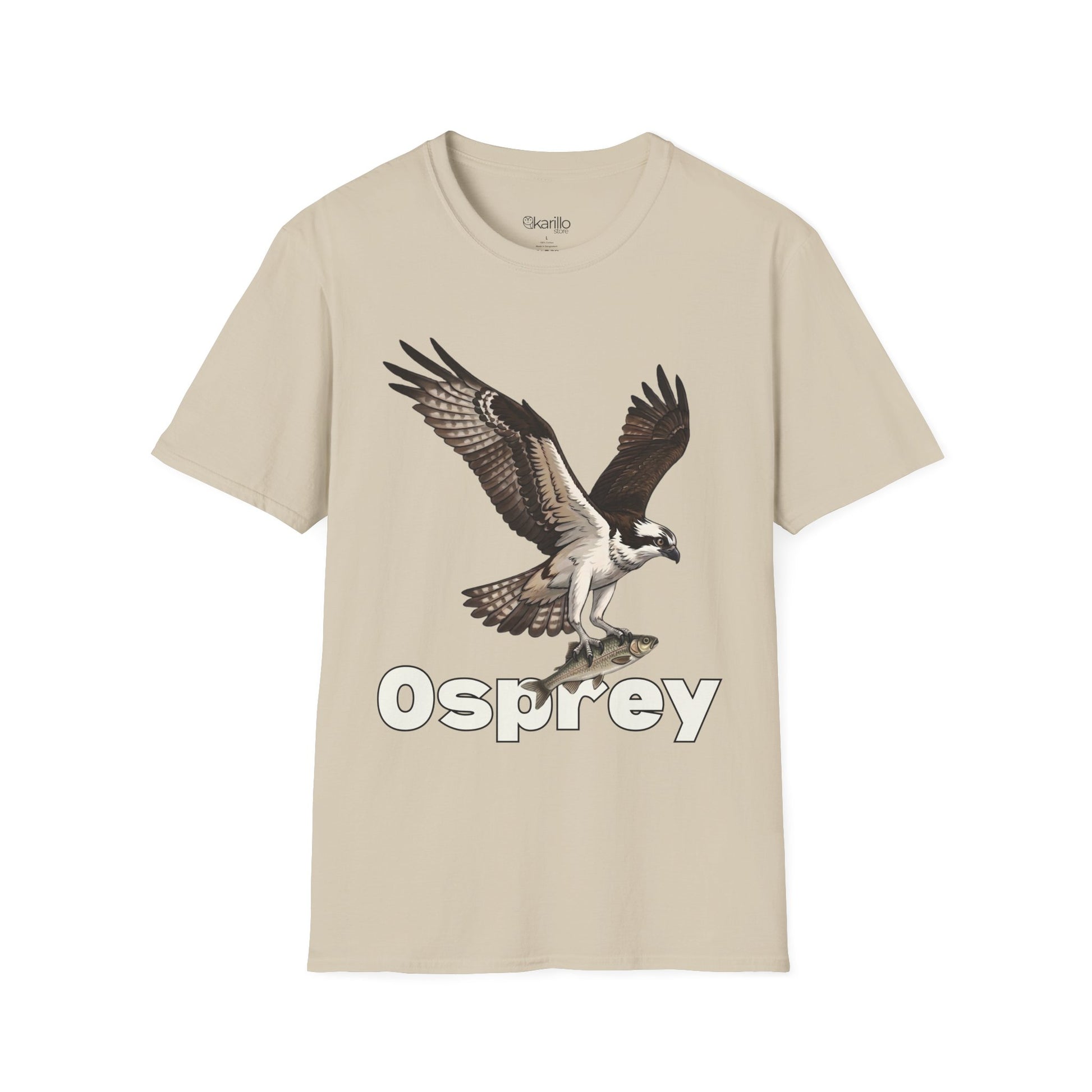 Sand color t-shirt with an osprey graphic and 'Osprey' text on a white background