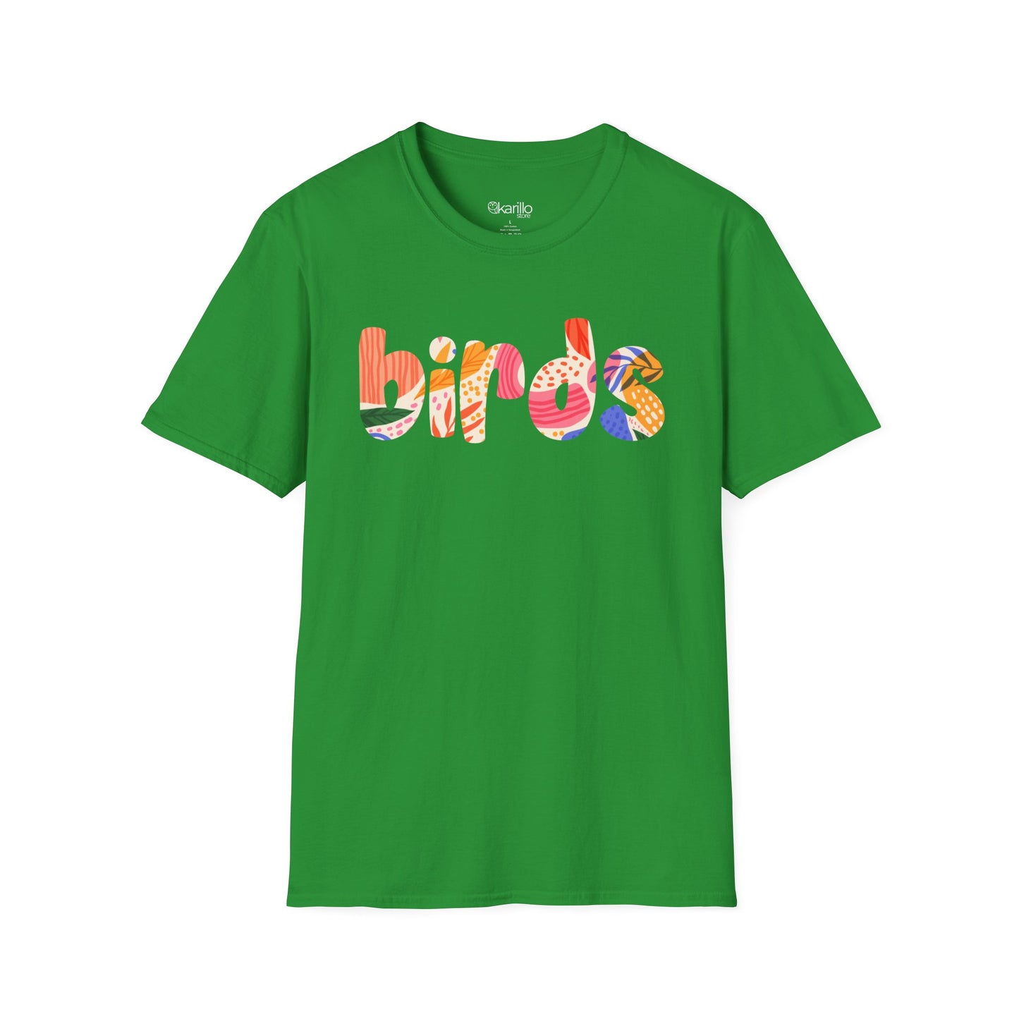 Green t-shirt with colorful 'birds' text on a white background