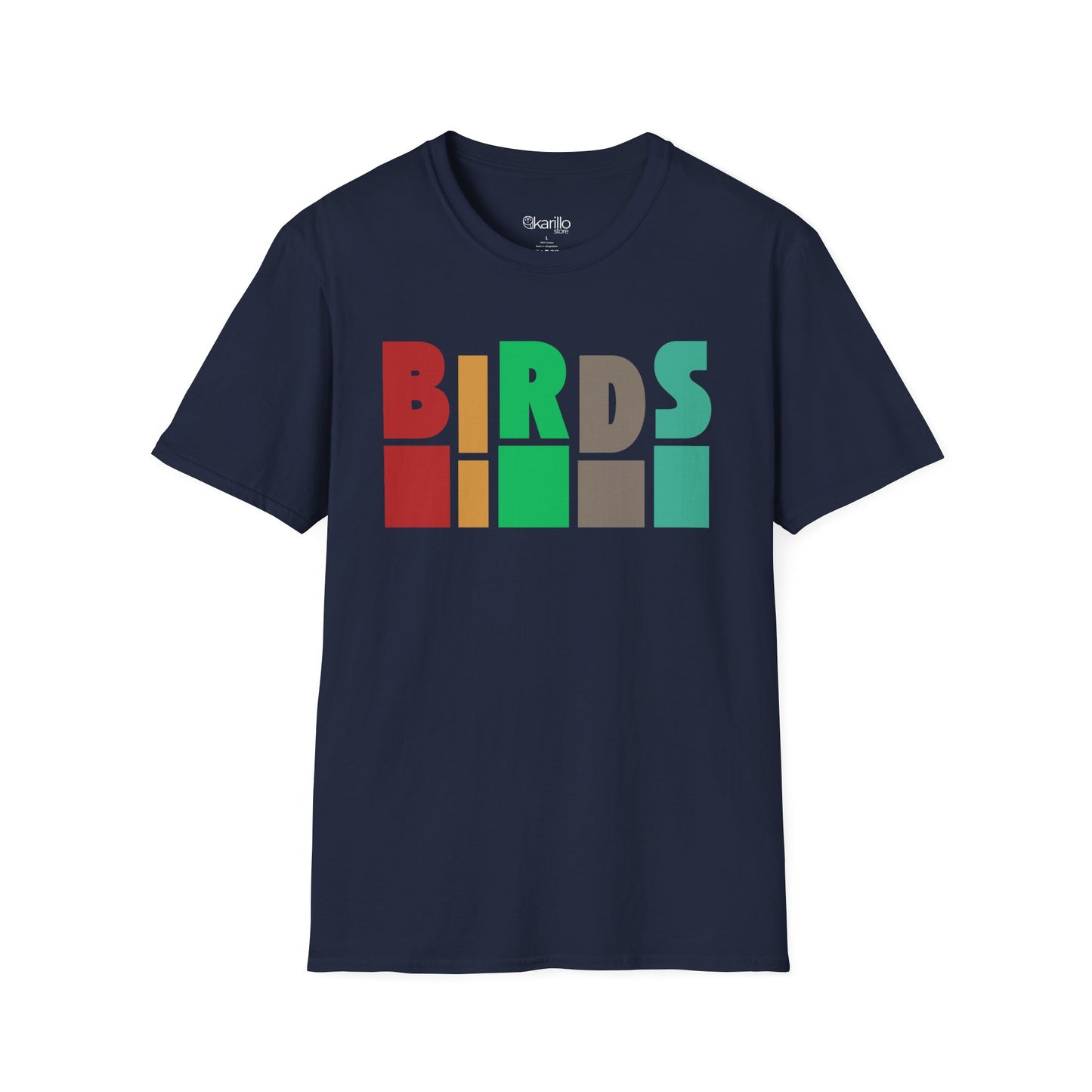 Front view of navy blue t-shirt with 'Birds' text on a white background