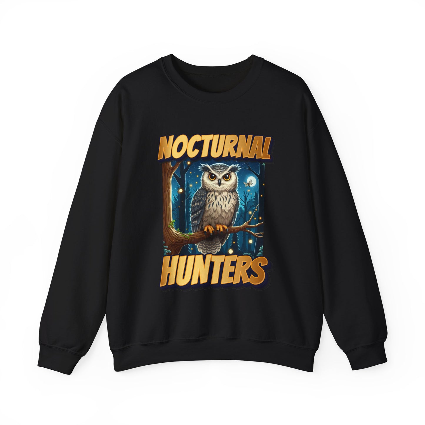Black sweatshirt with an owl graphic and 'Nocturnal Hunters' text on a white background