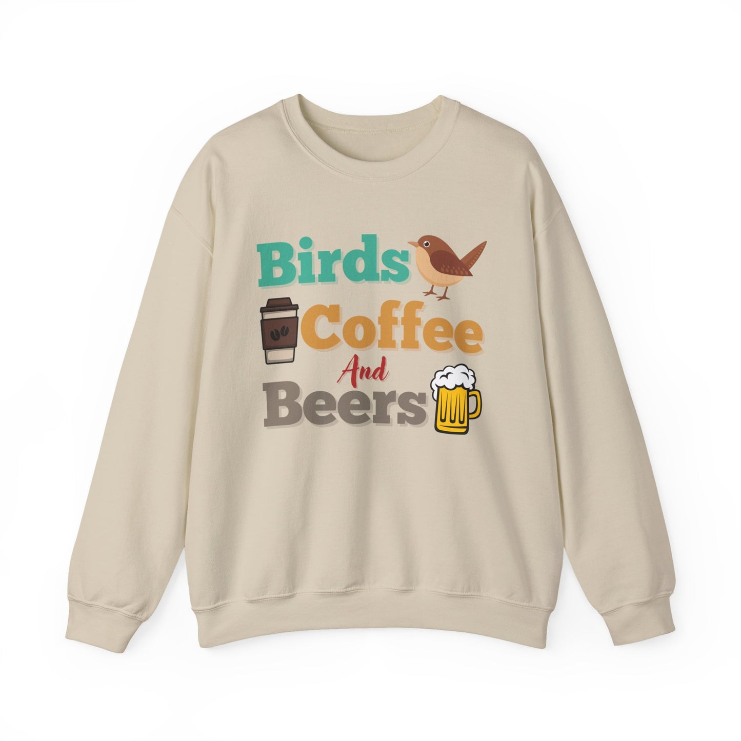 Beige sweatshirt with colorful "bird, coffee, beers" text and graphics on a white background