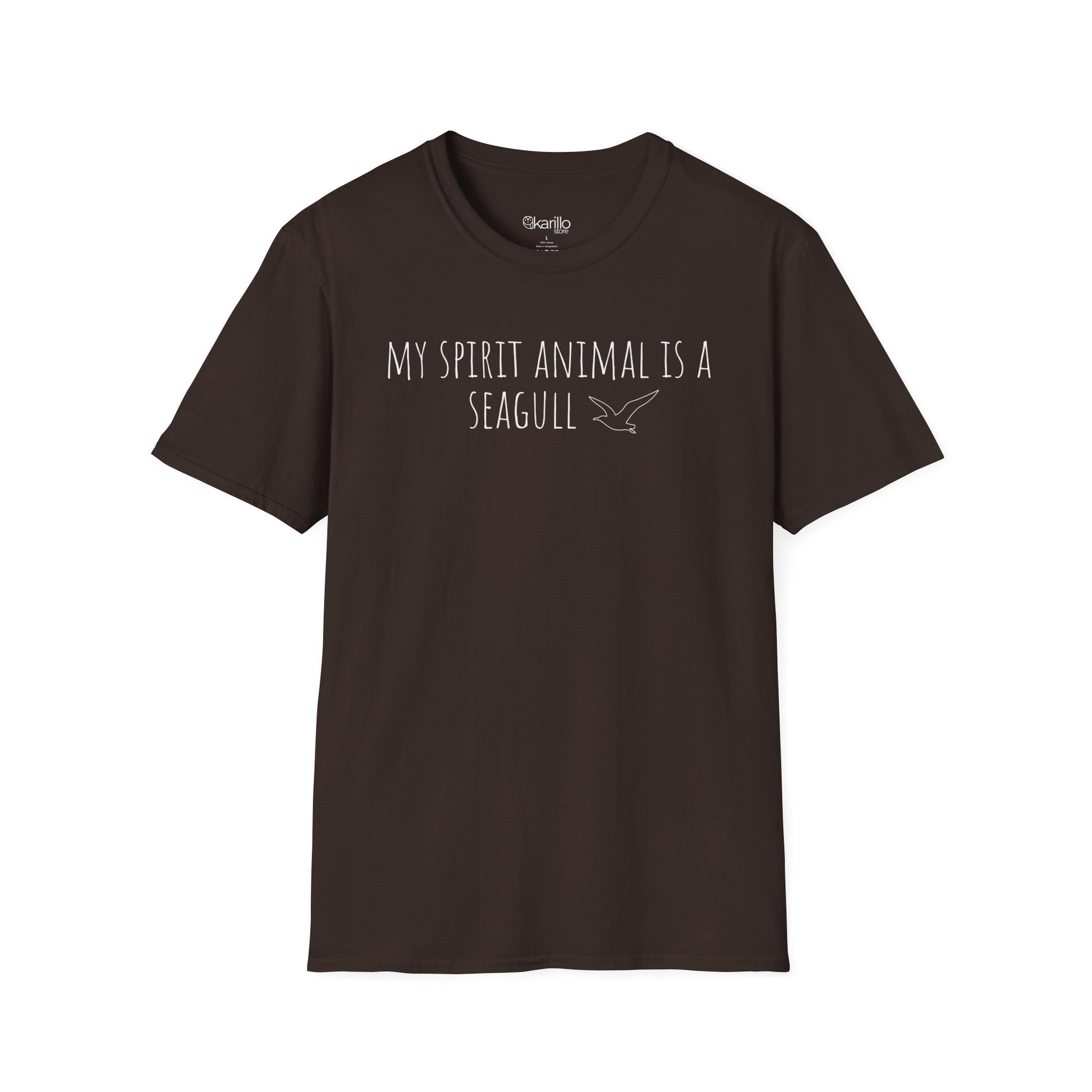 Brown t-shirt with text 'My spirit animal is a seagull' on a white background