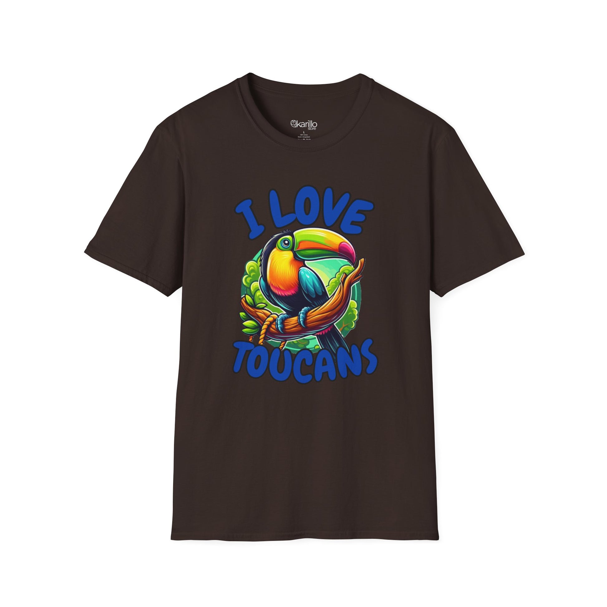 Front view brown t-shirt with a colorful toucan graphic and 'I Love Toucans' text on a white background
