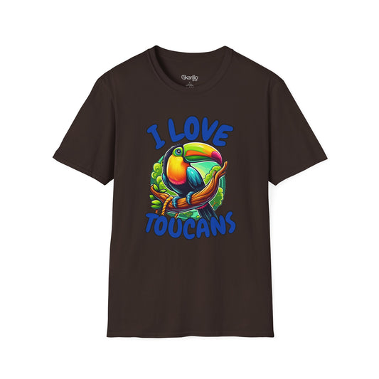 Front view brown t-shirt with a colorful toucan graphic and 'I Love Toucans' text on a white background