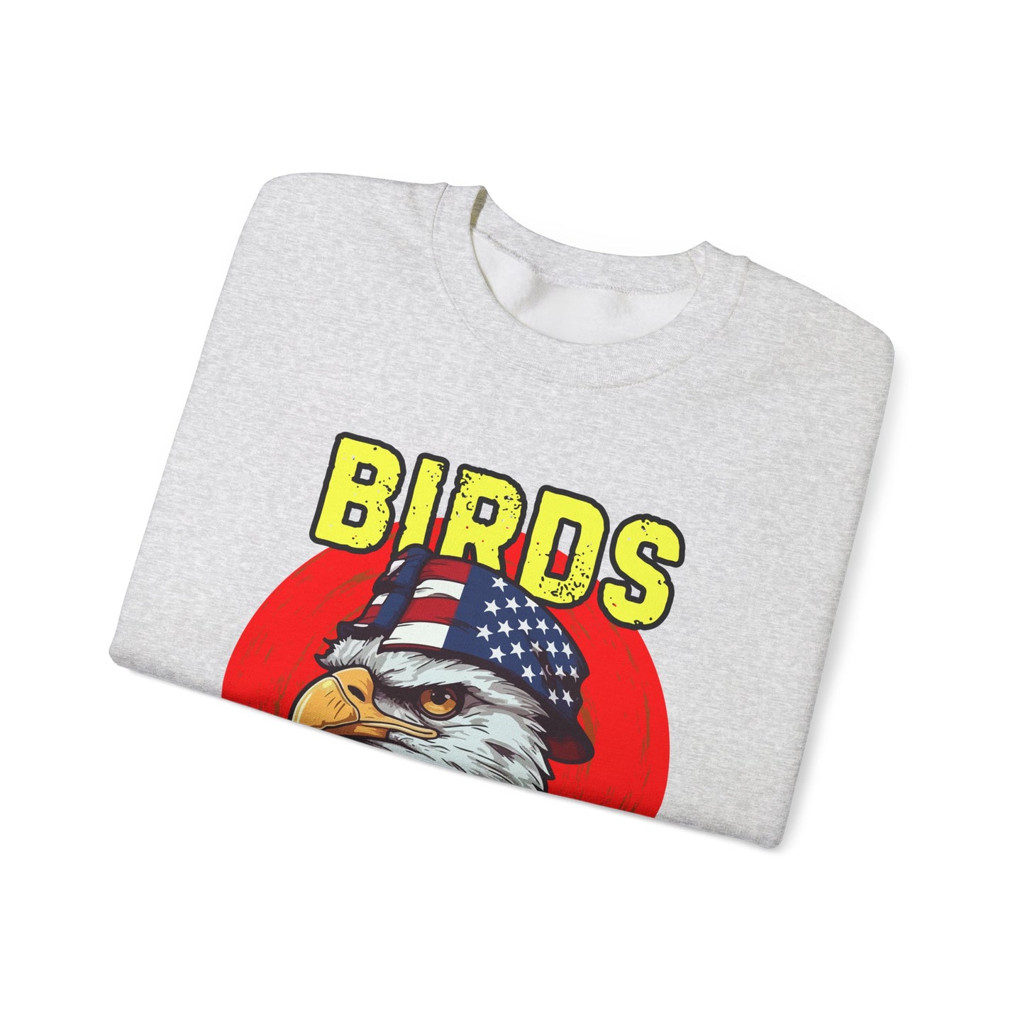 Folded gray sweatshirt with eagle graphic and 'BIRDS' text on a white background