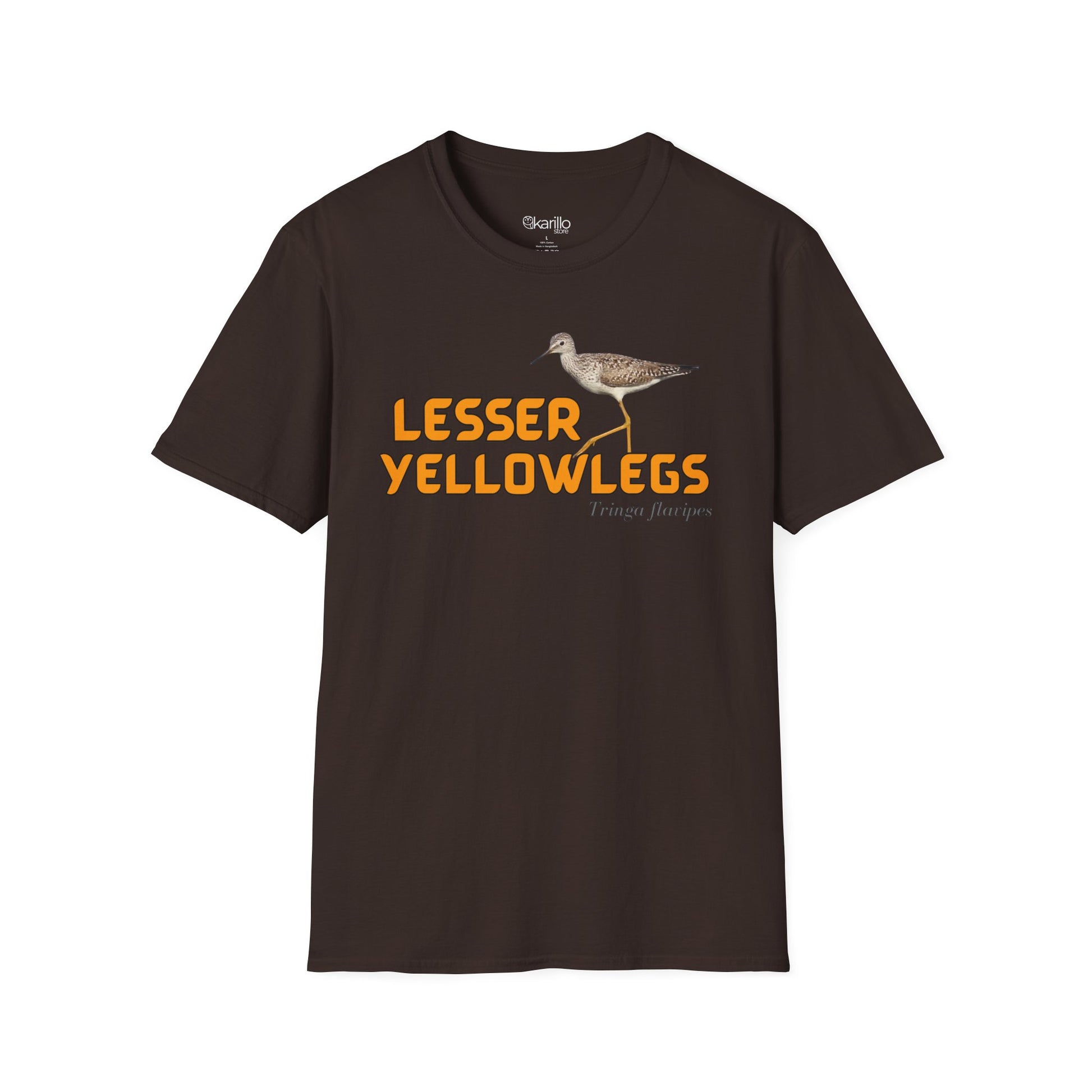 Front view brown t-shirt with 'lesser yellowlegs' text and bird image on a white background