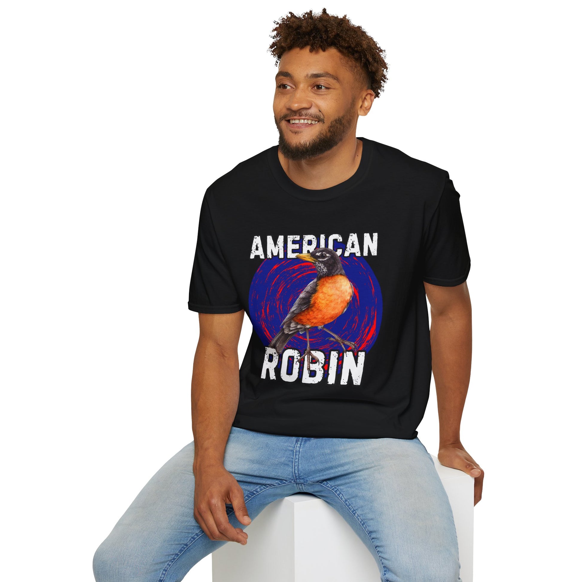 Man wearing a black t-shirt with 'American Robin' graphic design on a white background
