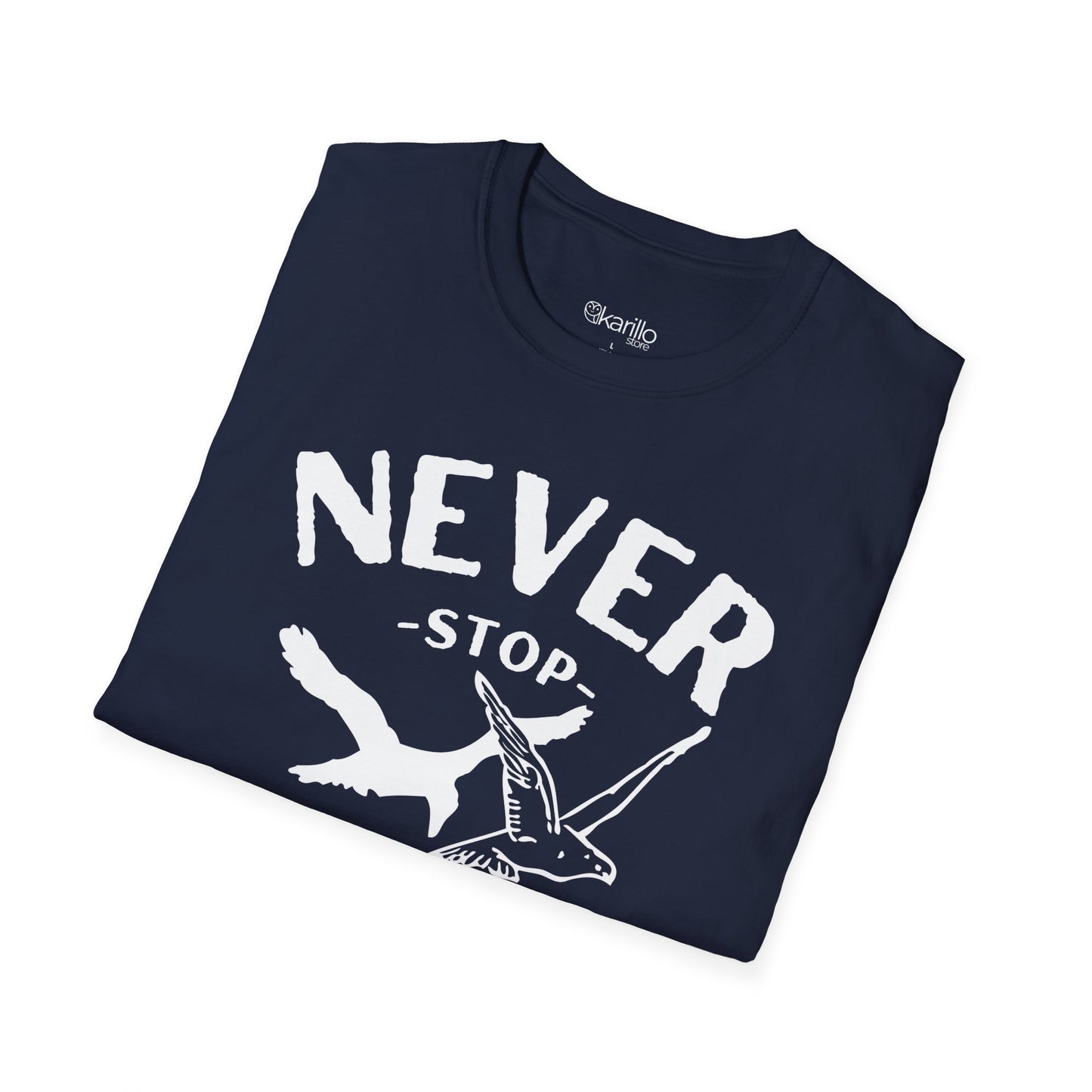 Folded view of Navy Blue t-shirt with 'Never Stop Birding' text and bird graphics on a white background