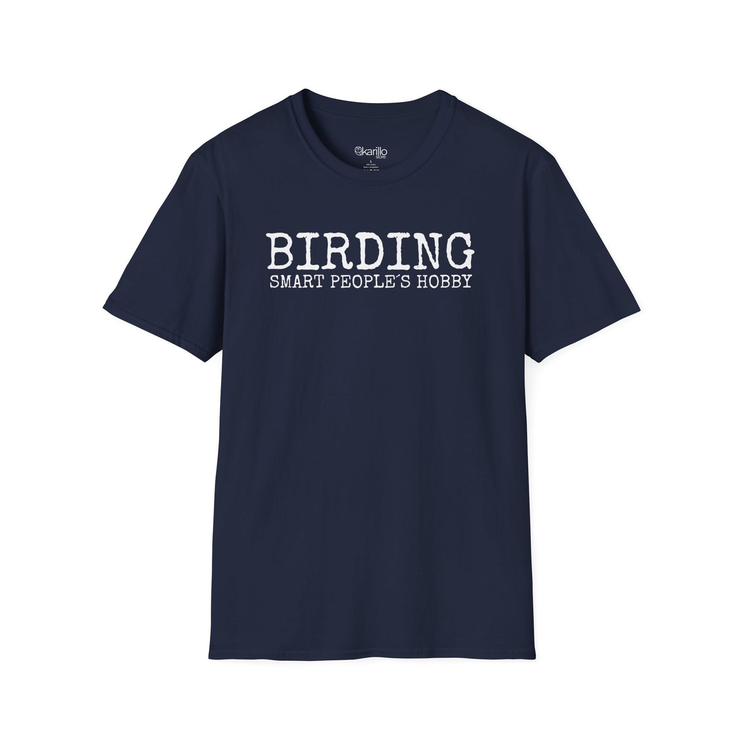 Front view navy blue t-shirt with 'BIRDING SMART PEOPLE'S HOBBY' text on a white background