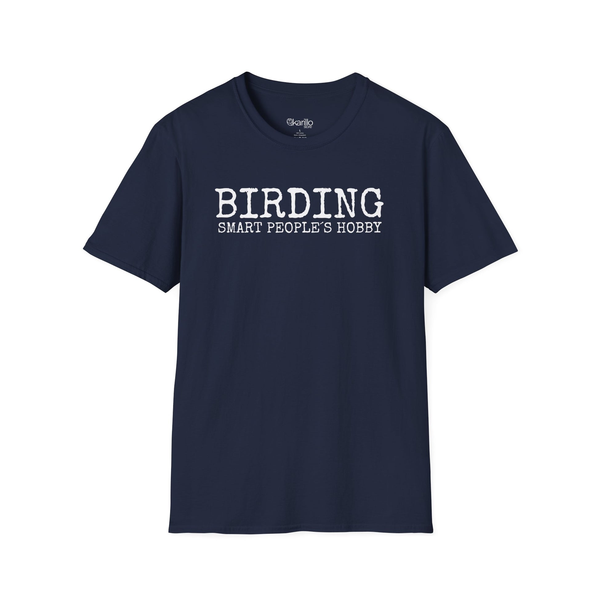 Front view navy blue t-shirt with 'BIRDING SMART PEOPLE'S HOBBY' text on a white background