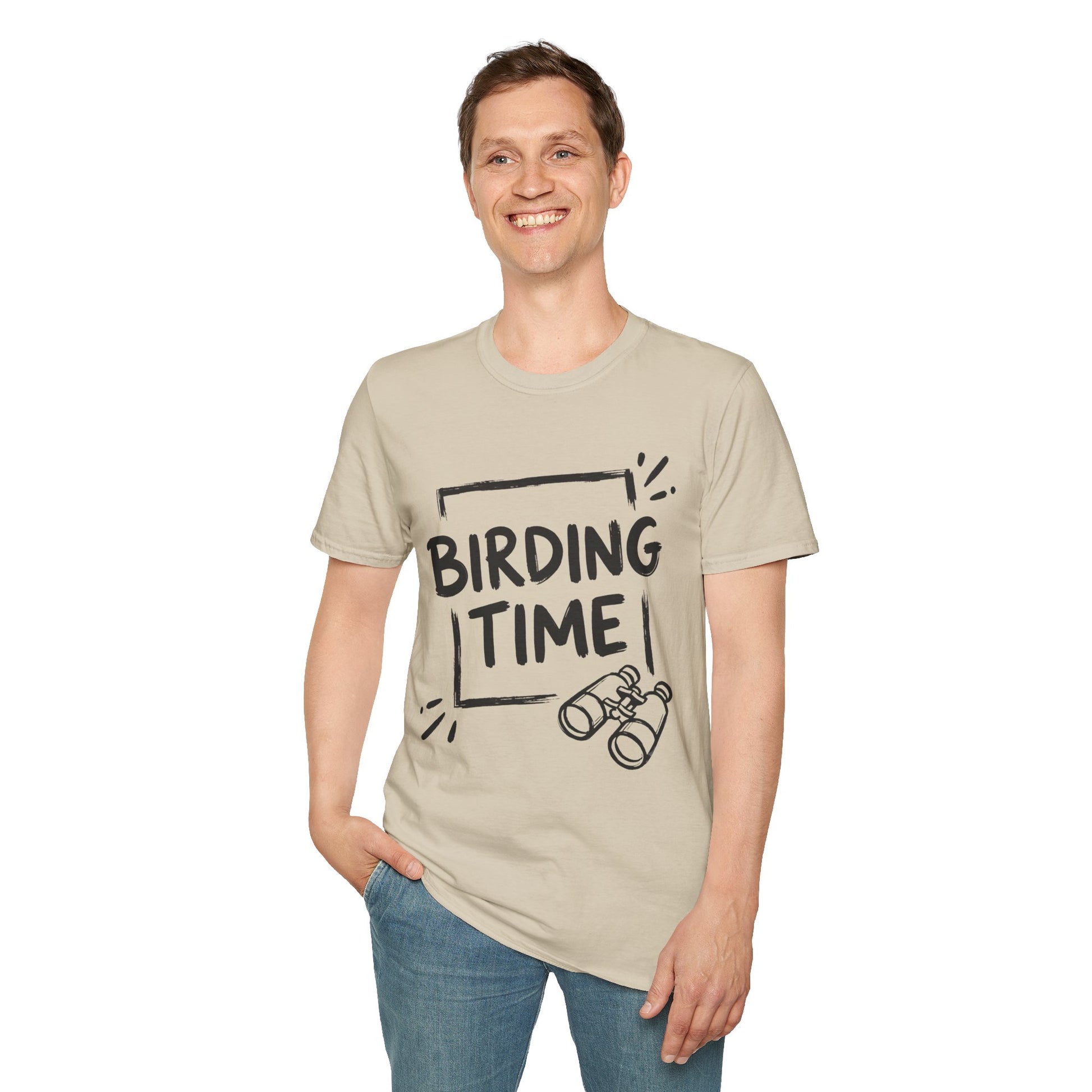 Person wearing a beige t-shirt with 'BIRDING TIME' text and binoculars graphic on a white background