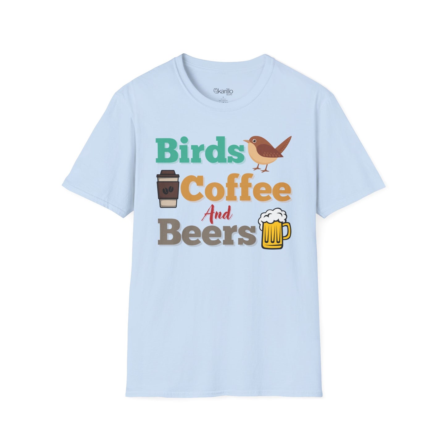 Front view of Birds Coffee and Beers Unisex T-Shirt light blue color Graphic Tee for Birdwatchers
