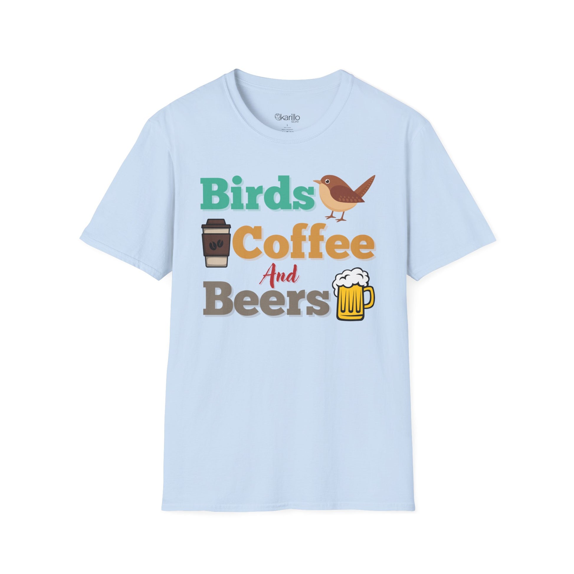 Front view of Birds Coffee and Beers Unisex T-Shirt light blue color Graphic Tee for Birdwatchers