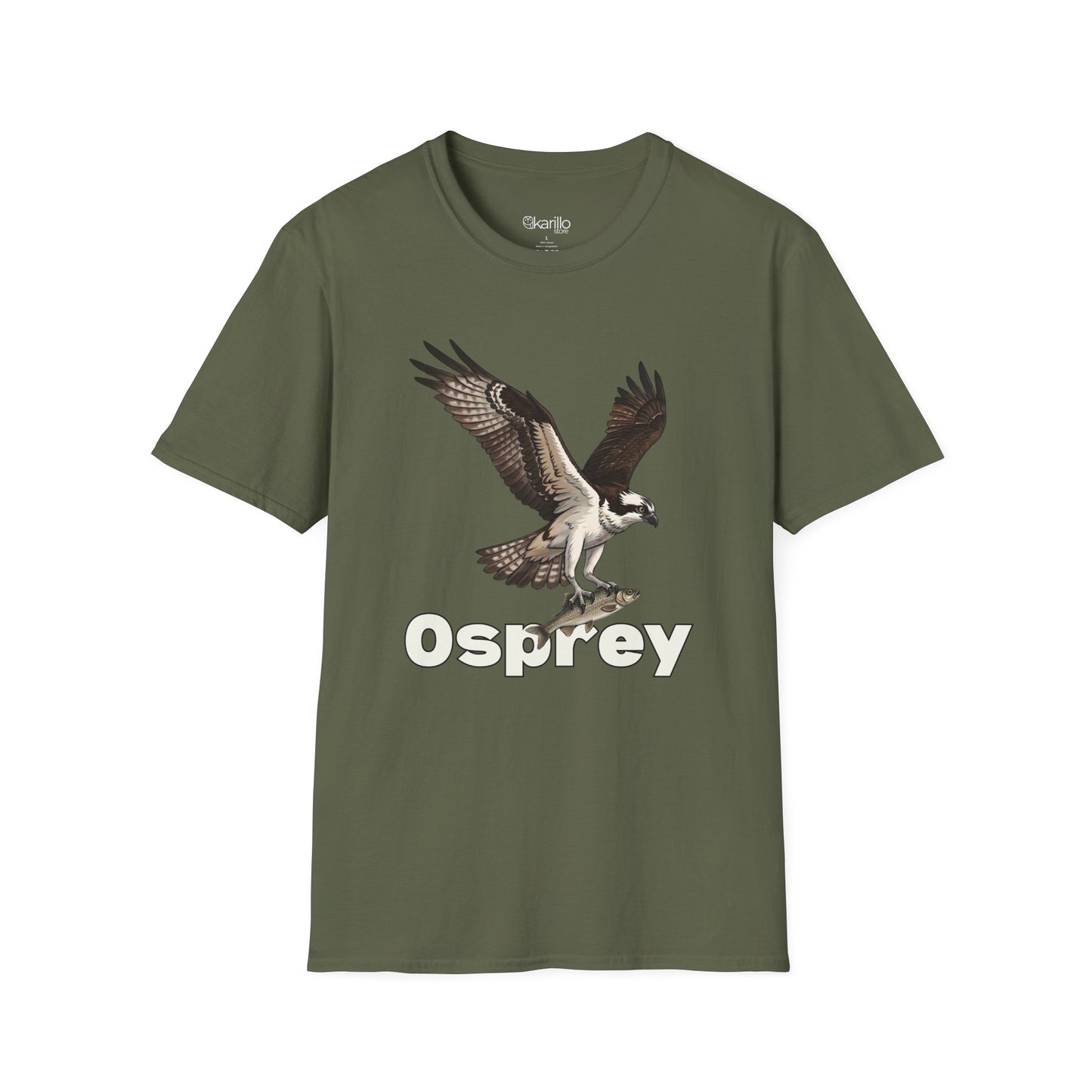 Military green t-shirt with an osprey graphic and 'Osprey' text on a white background