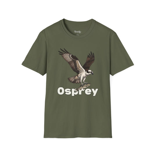 Military green t-shirt with an osprey graphic and 'Osprey' text on a white background