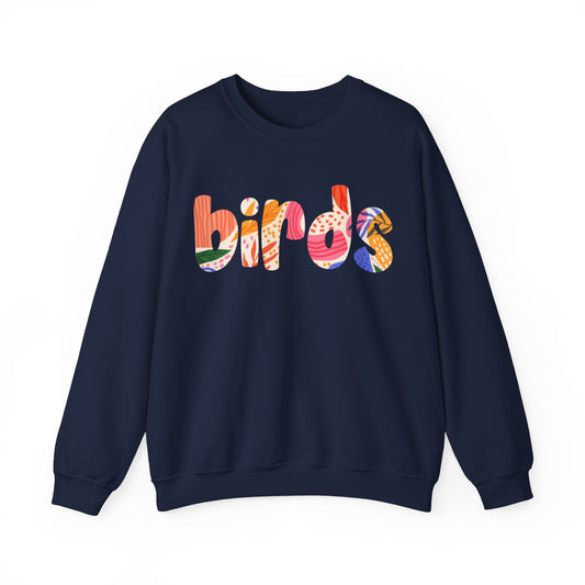 Navy blue sweatshirt with 'birds' text in colorful letters on a white background