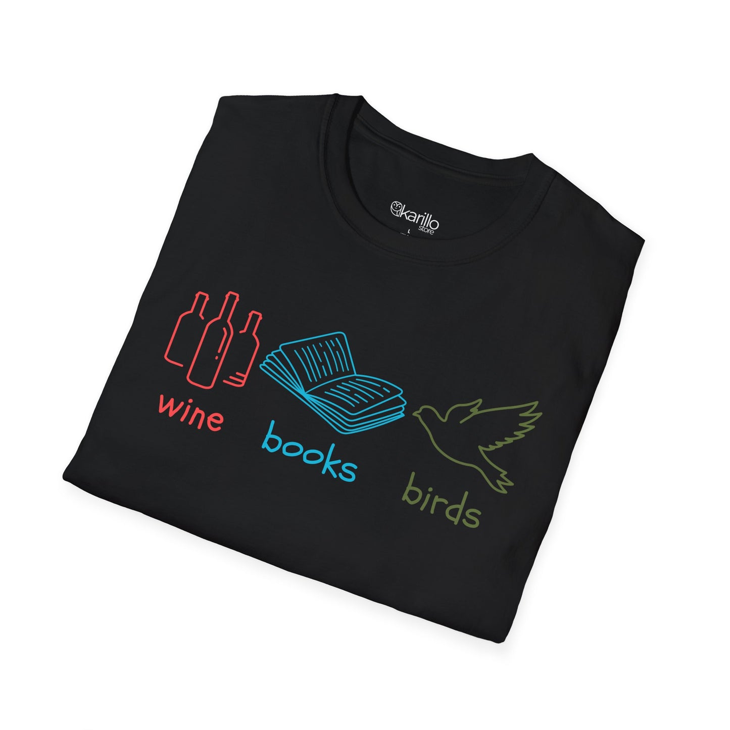 Folded black t-shirt with colorful graphics and text "wine books birds"on a white background