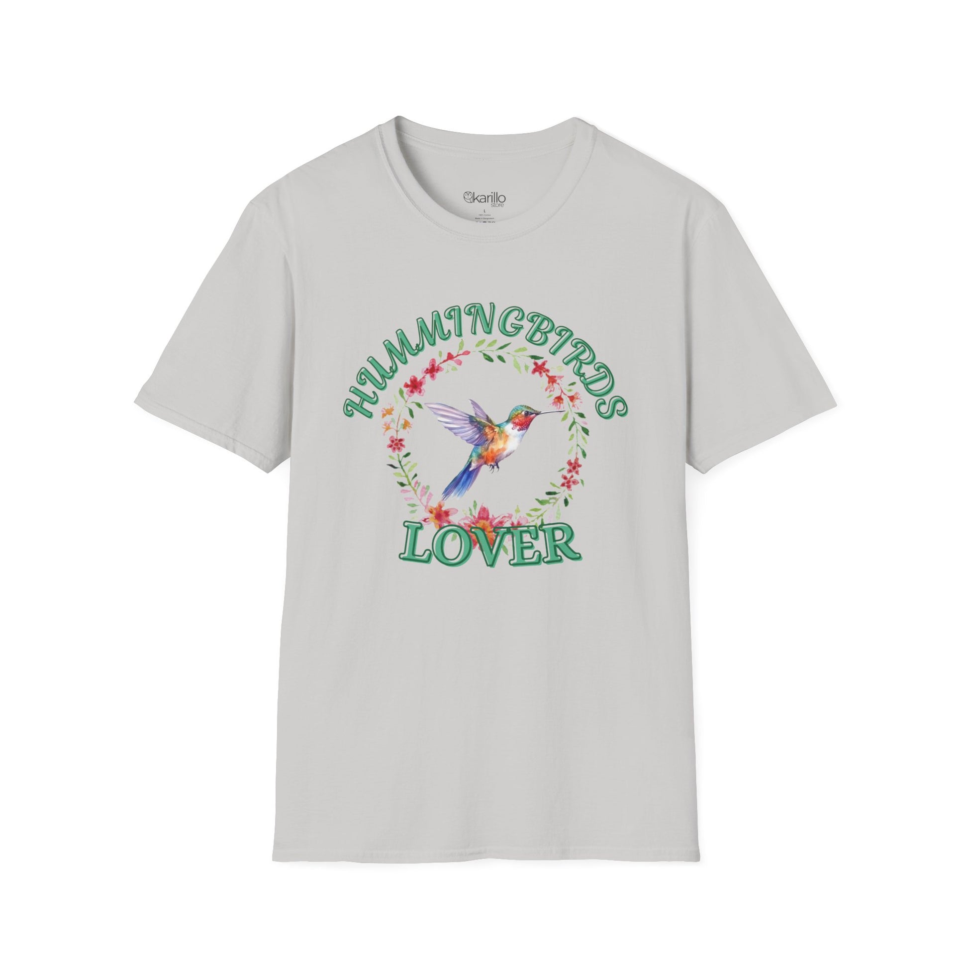front view gray t-shirt with hummingbird design and text on a white background