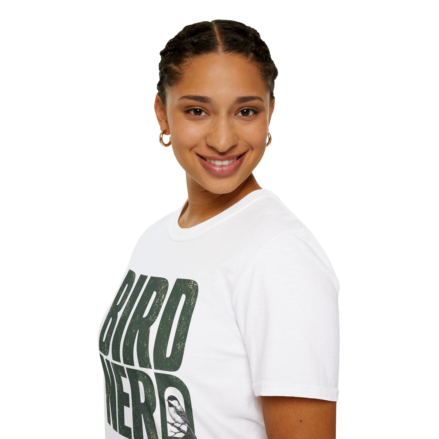 Person wearing a white t-shirt with green Bird Nerd text on a white background
